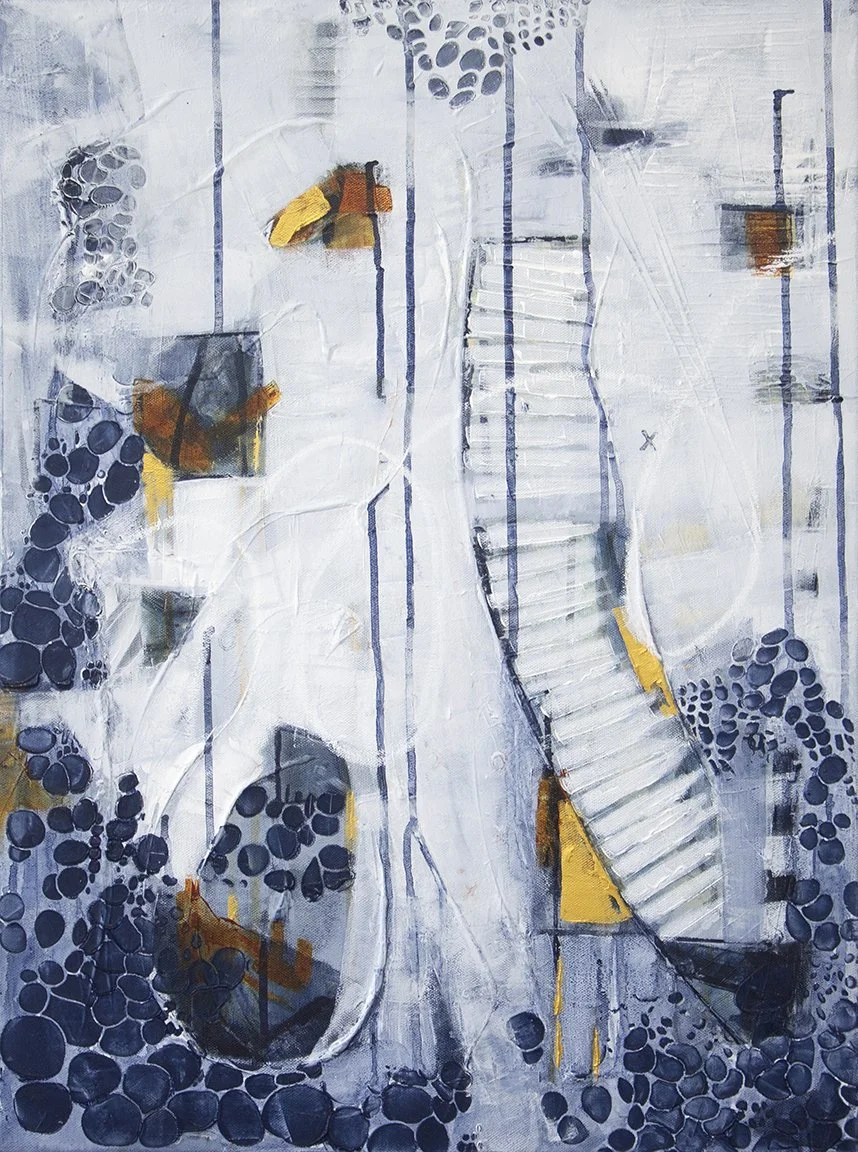 SOLD!
“Veins of Gold”. 18x 24”. 2025. Acrylic and mixed media on canvas. 

In every winter landscape, hidden life pulses just beneath the surface. "Veins of Gold" is an exploration of resilience and quiet abundance—where dark roots and midnight stone