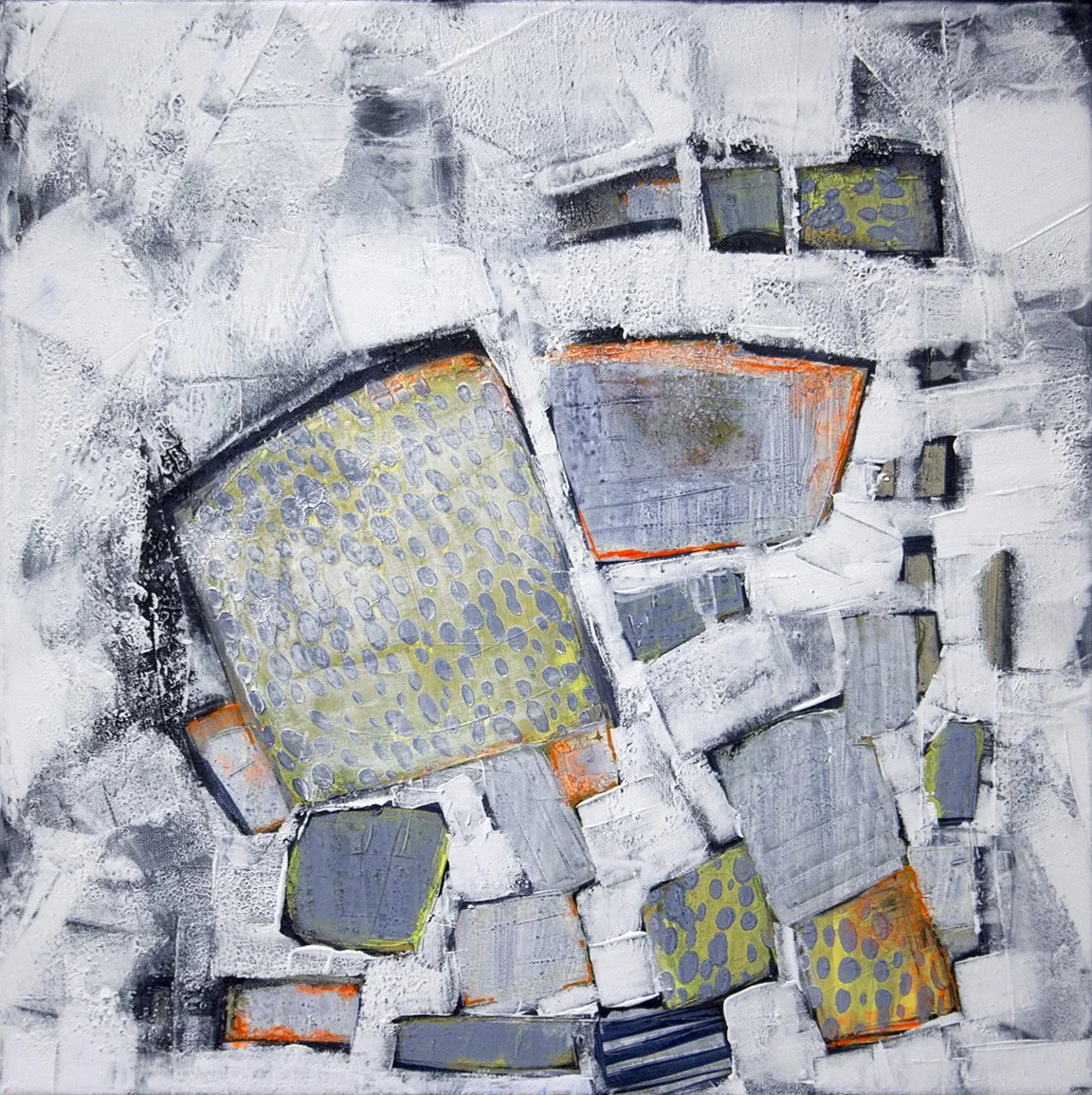 "Fragments II". 16x16". 2025. Acrylic and mixed media on canvas. 

Fragments I & II are abstract works rooted in transformation. Their textured base layers are made from filtered, reused paint solids—leftovers from cleaning brushes in the studio. Ins