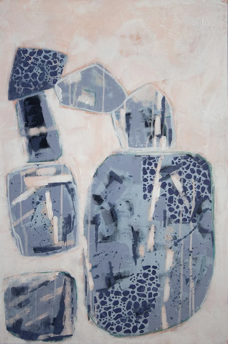 “Boulders in Balance”. 20x30”. Acrylic on canvas.

There’s a quiet magic in the way boulders rest—stacked, improbable, yet perfectly balanced by unseen forces. This painting is a meditation on that delicate equilibrium. Each shape represents a moment