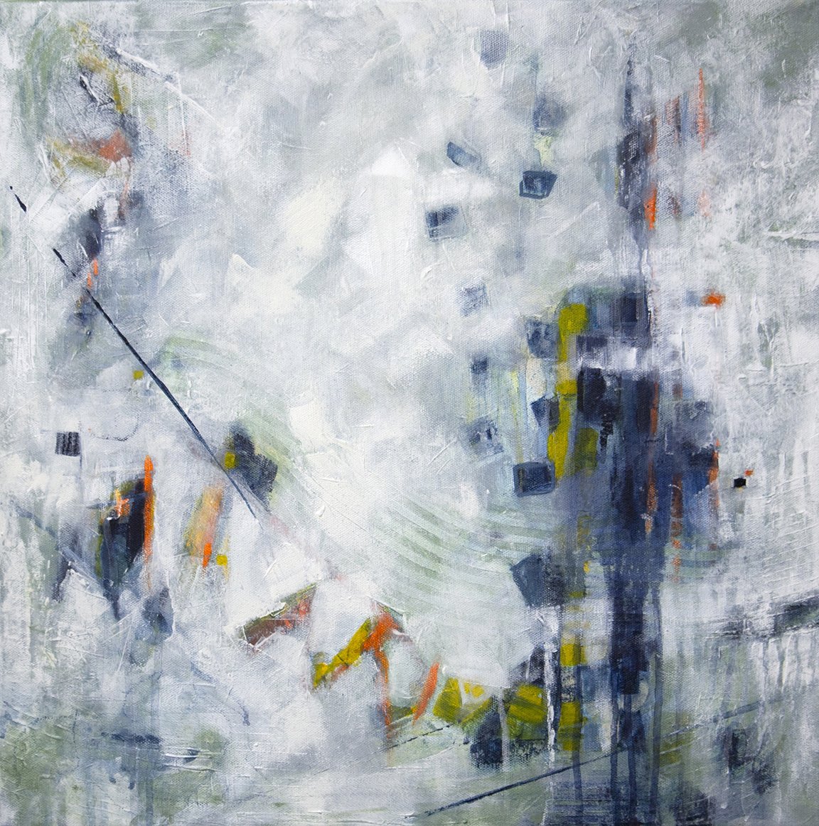 “Between Weather and Will”. 20x20”. 2026. Acrylic and pastel on canvas. For Sale.

Between Weather and Will lives in the tension between what changes around us and what stays steady within us. The misty field holds uncertainty—weather, season, the un