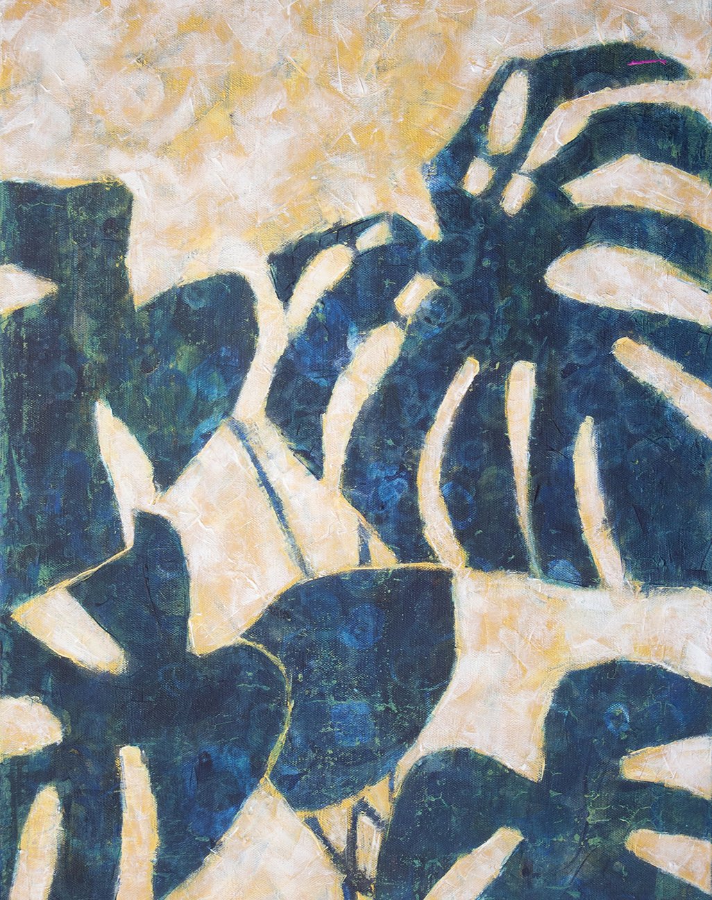 "Monstera Deliciosa I" 18x24”. 2026. 
(Where Light Breaks Through). Acrylic on canvas. For Sale. 

A study in contrast and control.

These forms do not simply open. They decide. Light meets edge, resistance, then slips through only where it’s allowed