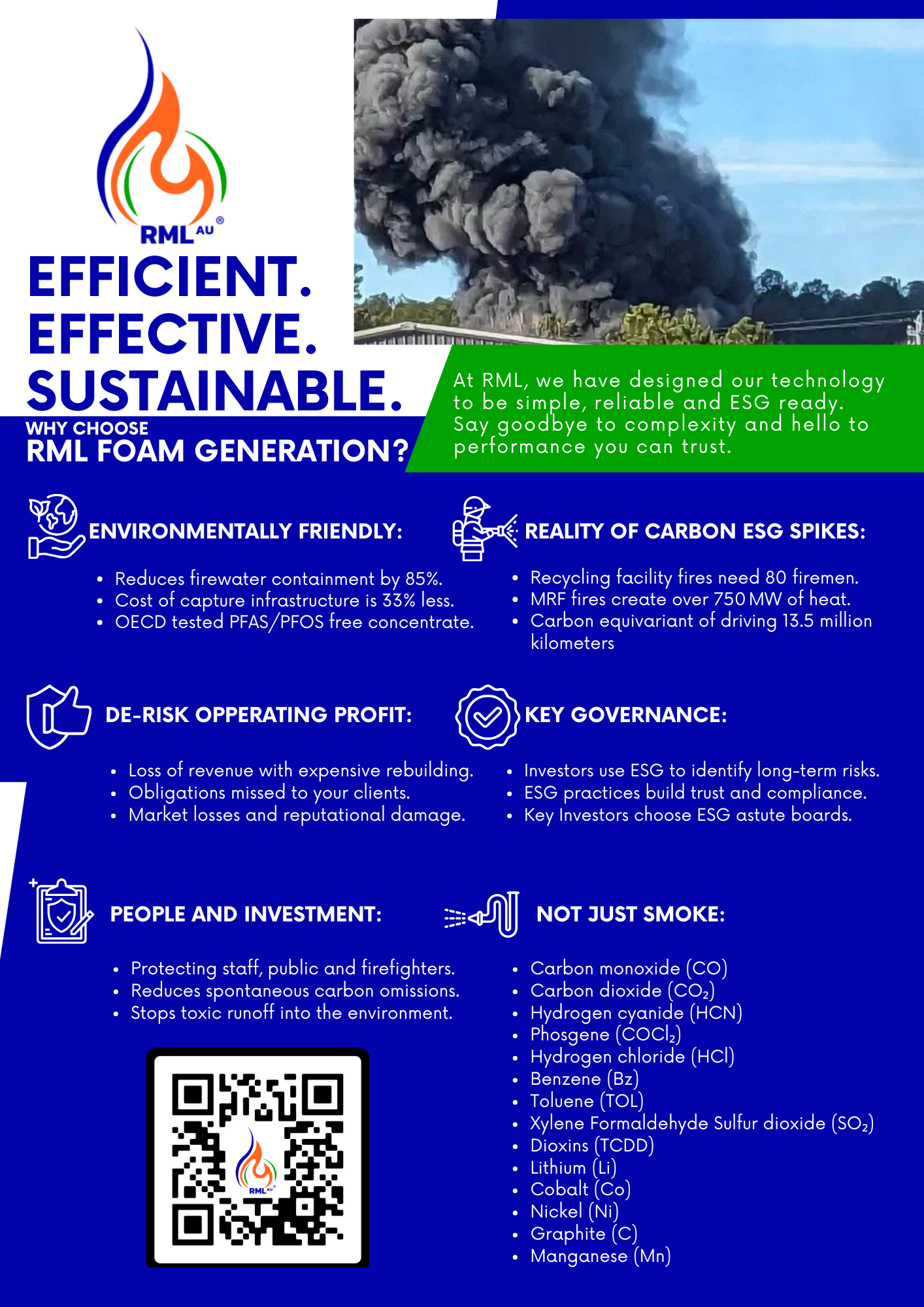 An infographic with a photo of black smoke from a fire and a logo at the top left. The infographic promotes RML foam generation as efficient, effective, and sustainable, highlighting environmental benefits, carbon ESG realities, risk management, governance, people and investment impacts, and the non-toxic nature of the foam