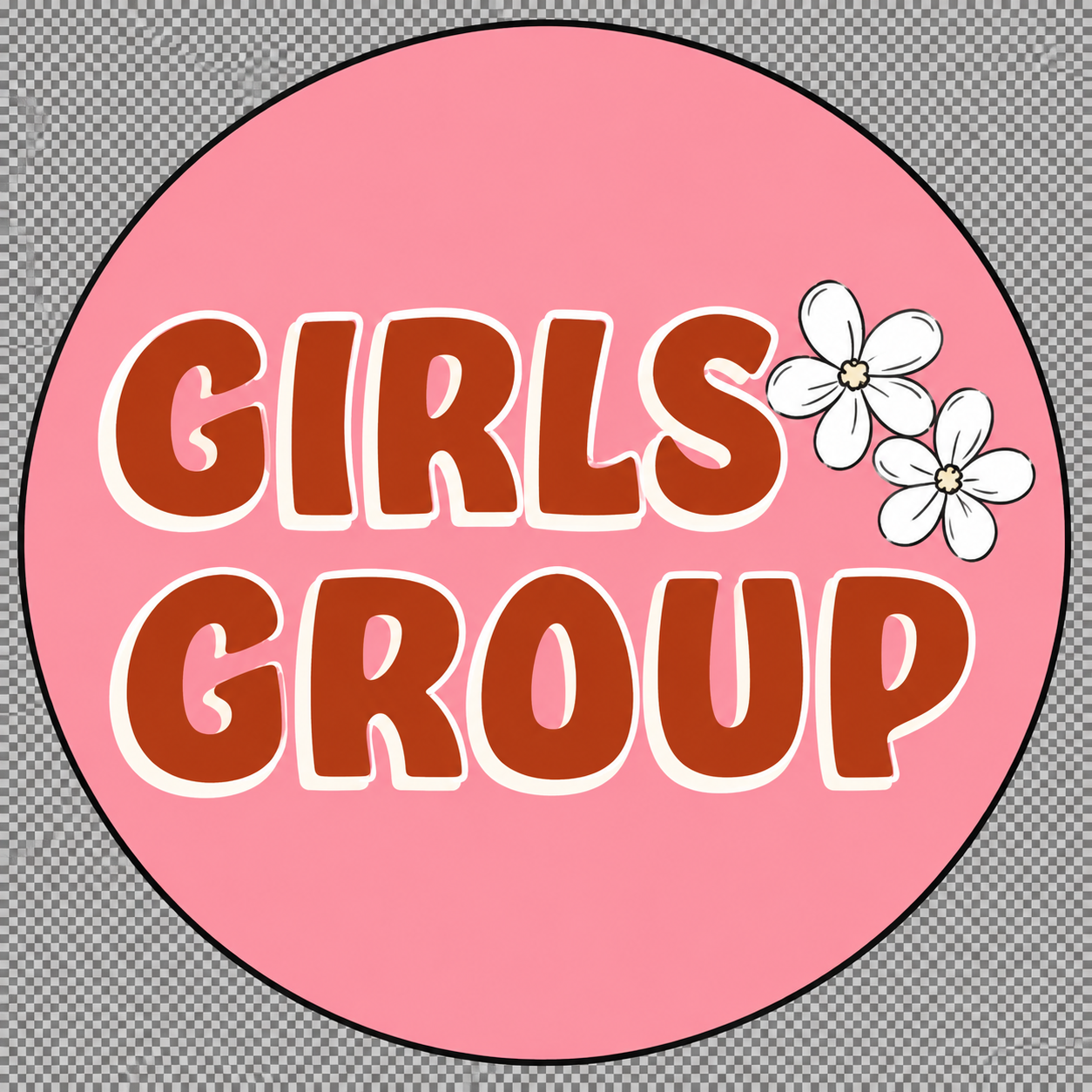 Pink circular logo with white flowers and the text 'Girls Group' in brown and white letters.
