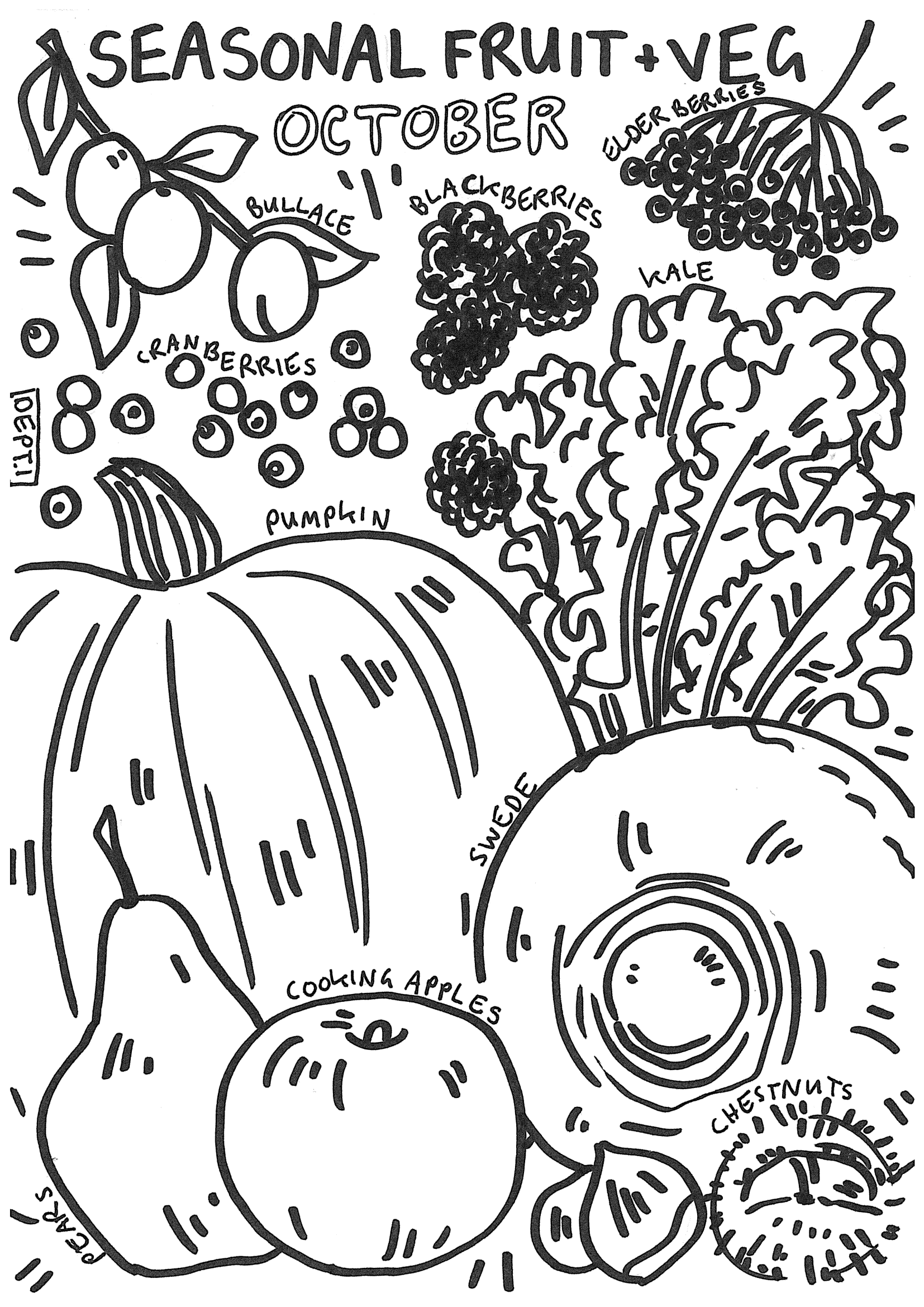 October – Seasonal Fruit & Veg colouring page, click to print and colour