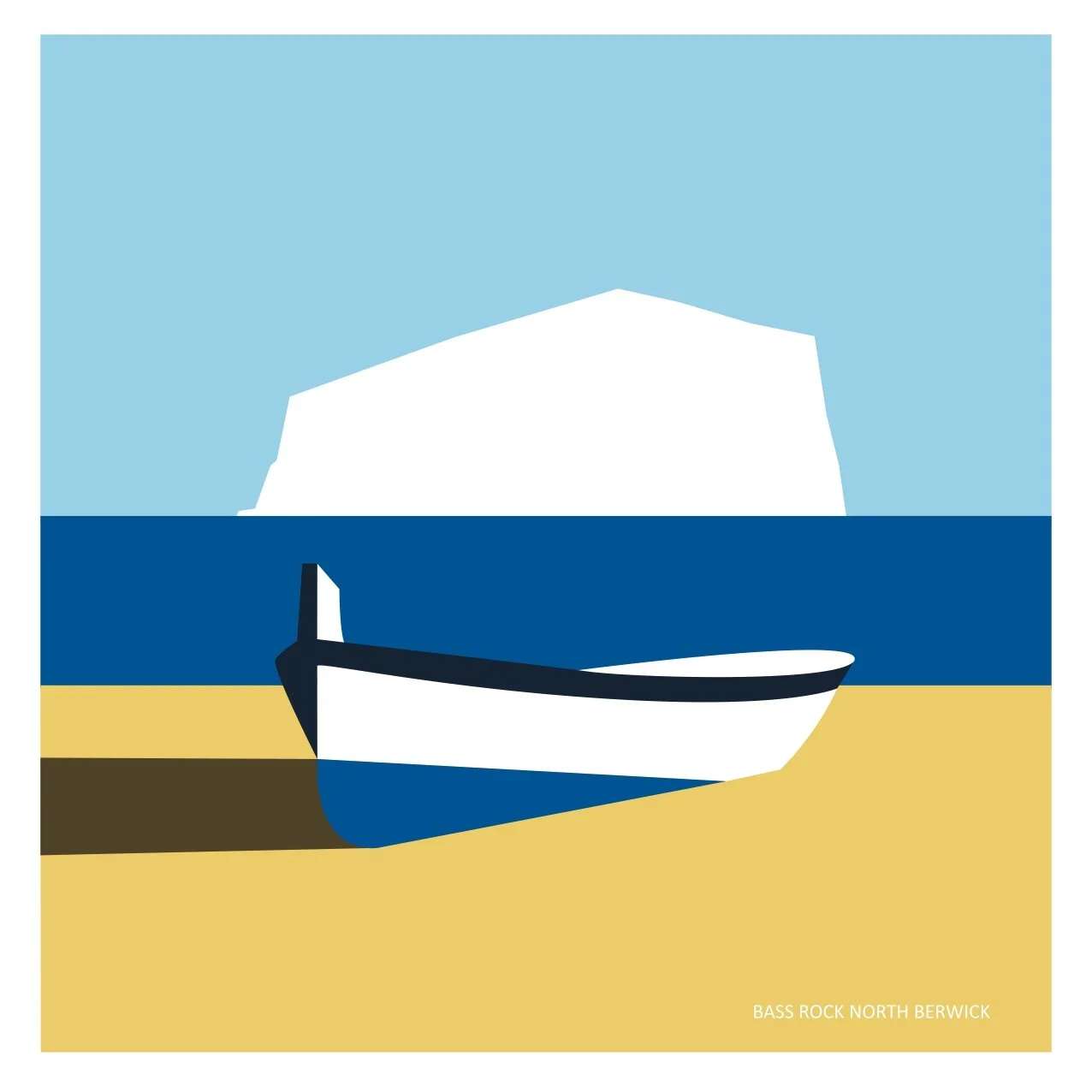 Illustration of a boat on sandy beach with an iceberg in the background, and a blue sky above. The text 'BASS ROCK NORTH BERWICK' is in the bottom right corner.