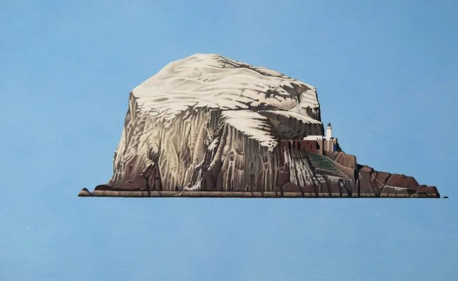 Illustration of an island with a mountain, a small lighthouse, and stairs leading up to it, set against a plain blue background.