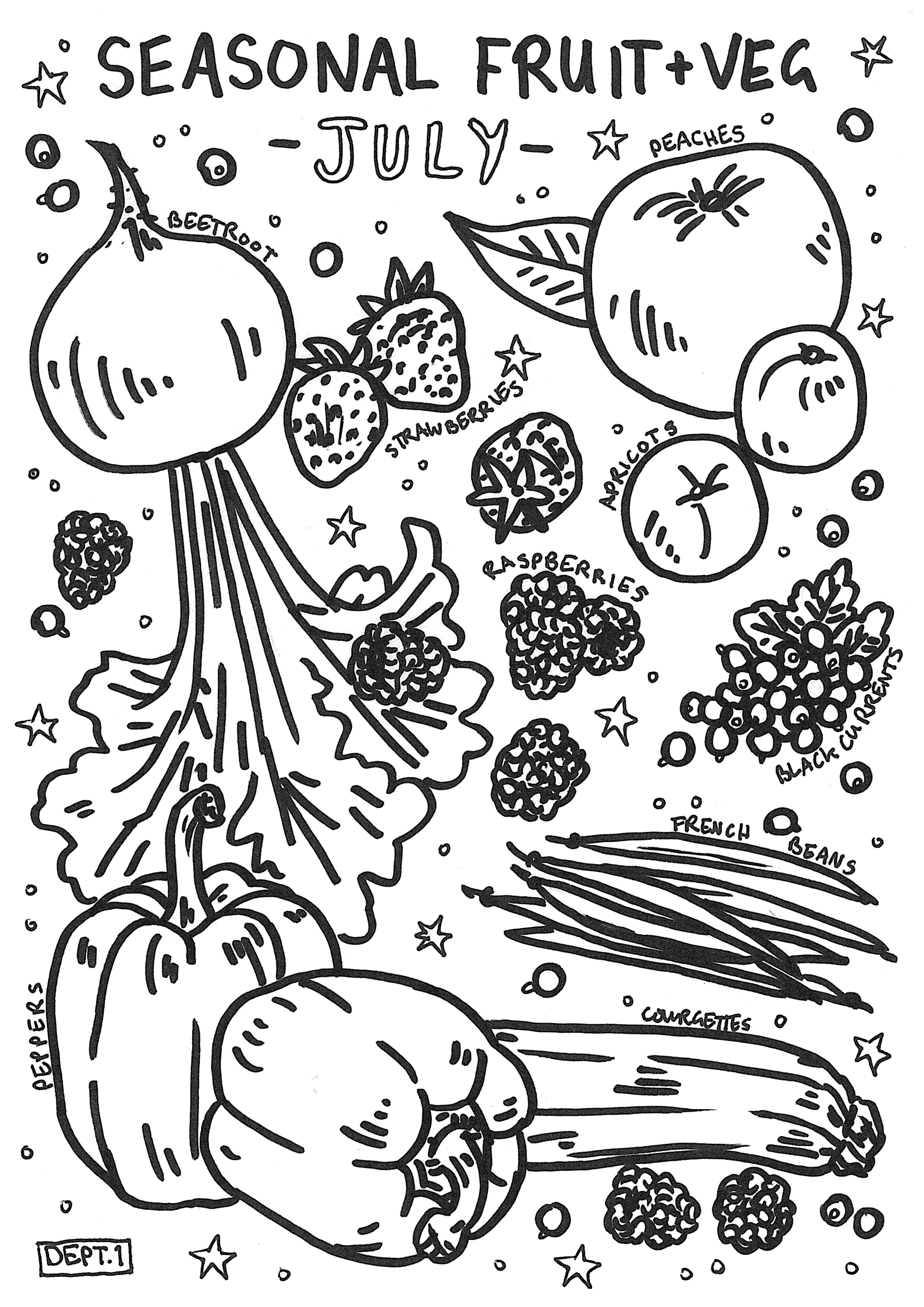July – Seasonal Fruit & Veg colouring page to print and colour