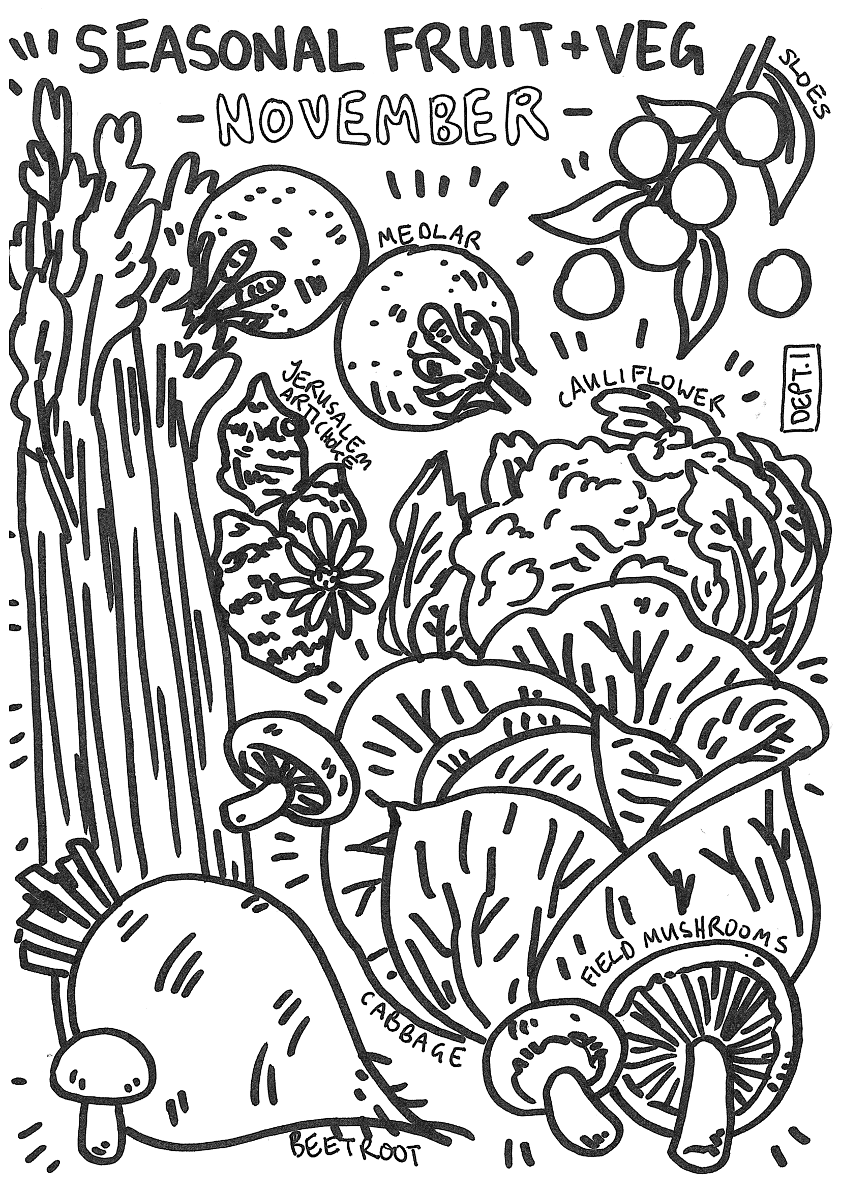 November – Seasonal Fruit & Veg colouring page, click to download and print
