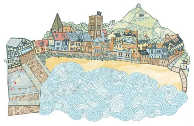 A colorful, illustrated coastal village with buildings, a lighthouse, a mountain, and swirling waves in the foreground.