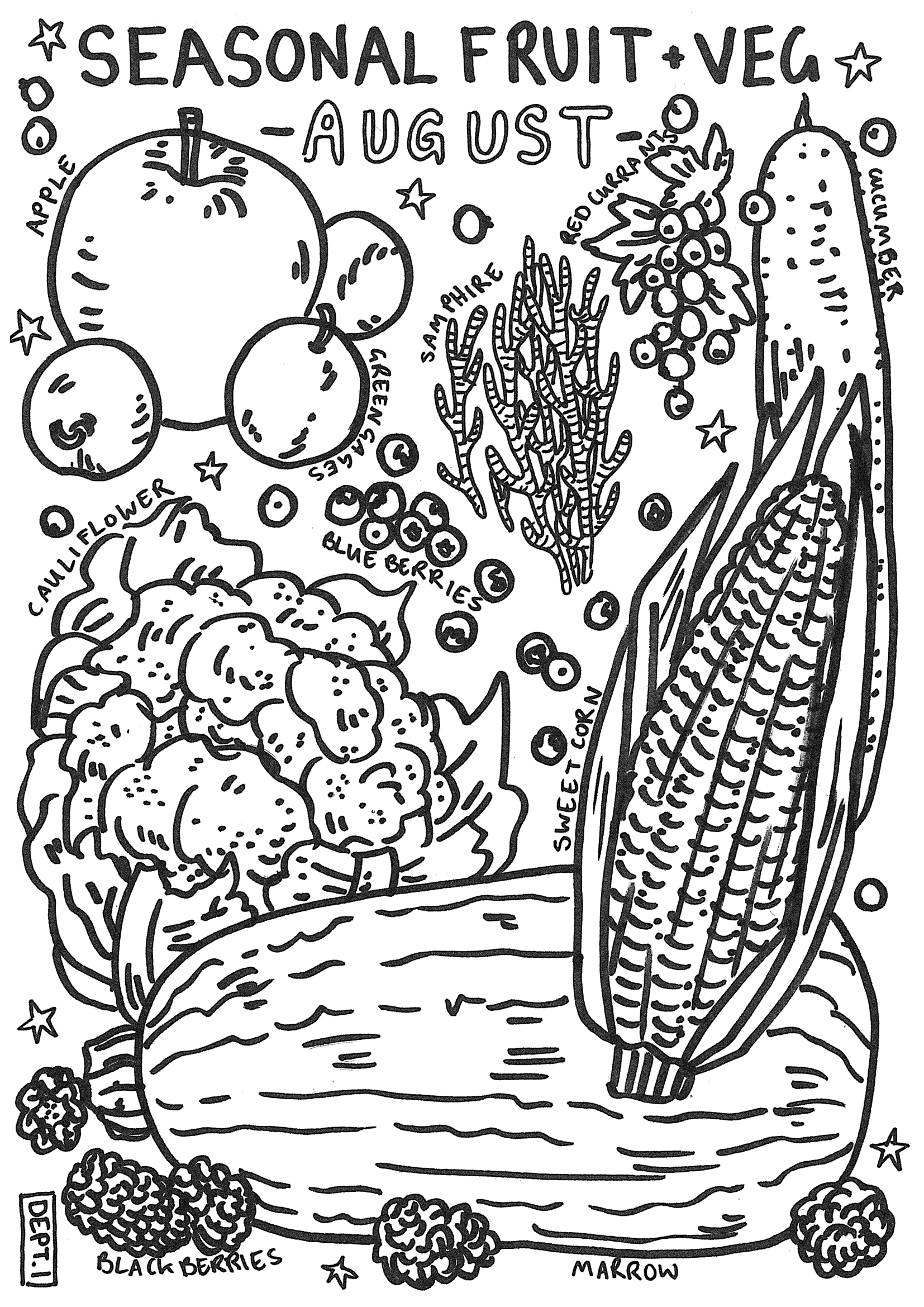 August – Seasonal Fruit & Veg colouring page to download, print and colour