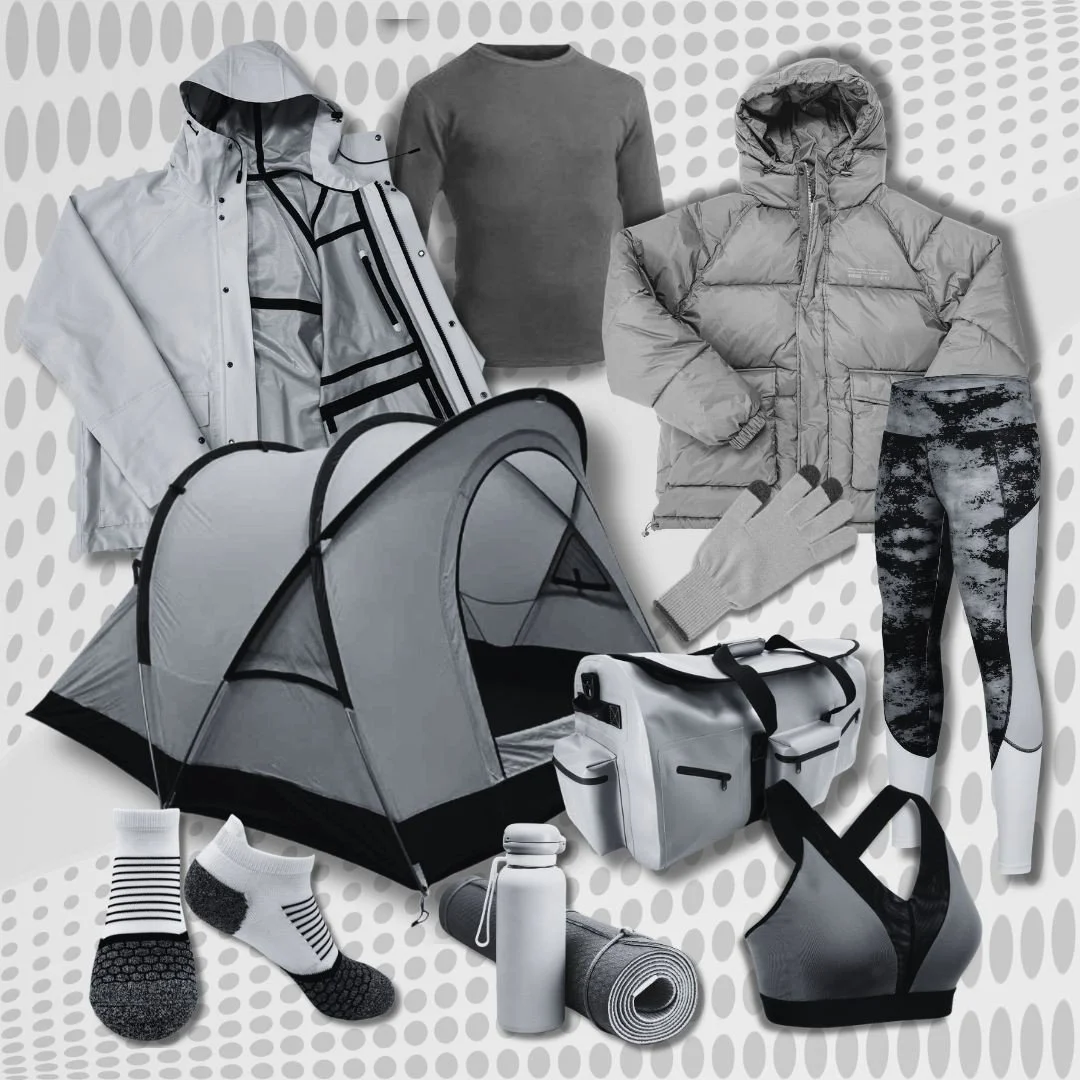 A collection of grayscale sportswear and outdoor gear, including jackets, leggings, a tent, water bottle, duffel bag, and various apparel, set on a dotted background.