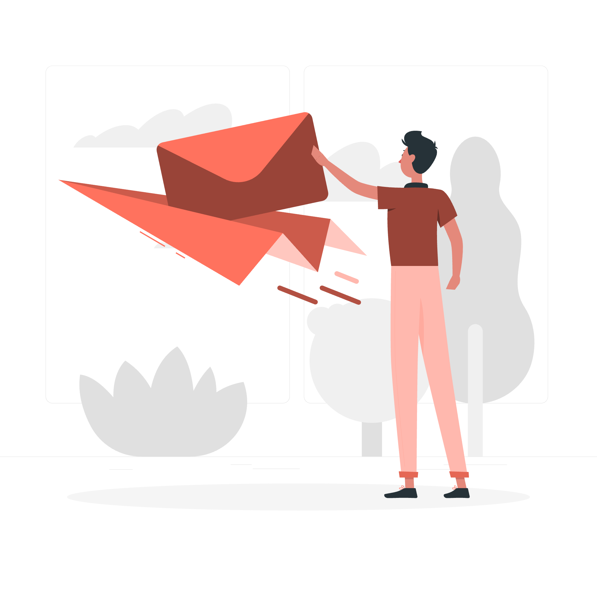A digital illustration of a person standing outdoors, touching a large floating envelope with paper airplane icons around it, symbolizing sending or receiving mail.