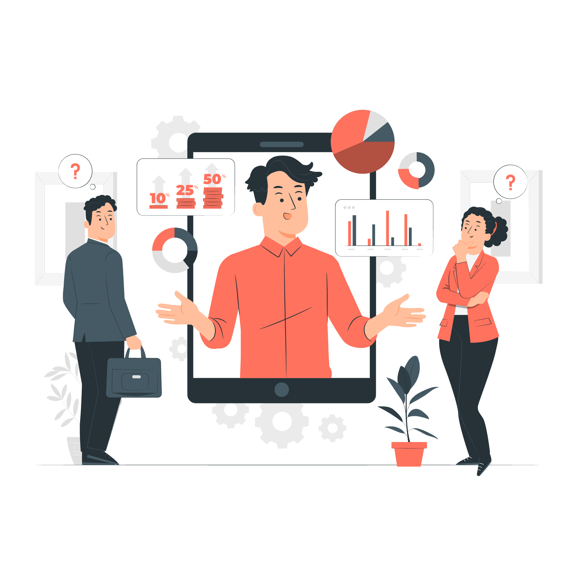 Business professionals discussing data and charts in a digital presentation, with pie charts, bar graphs, and percentage indicators around them.