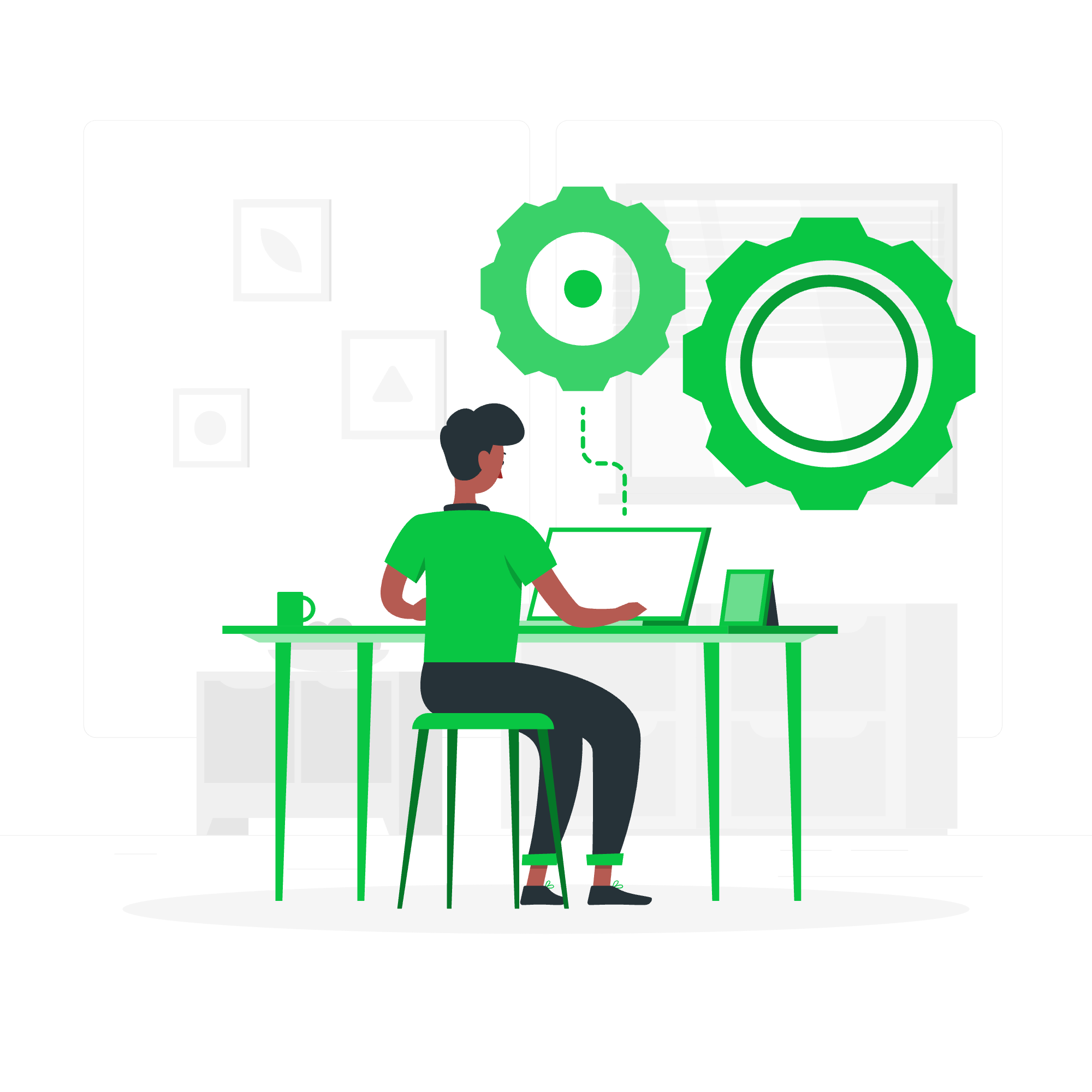 A person working on a laptop at a desk with abstract graphics of gears and a monitor in the background, in a modern, stylized illustration.