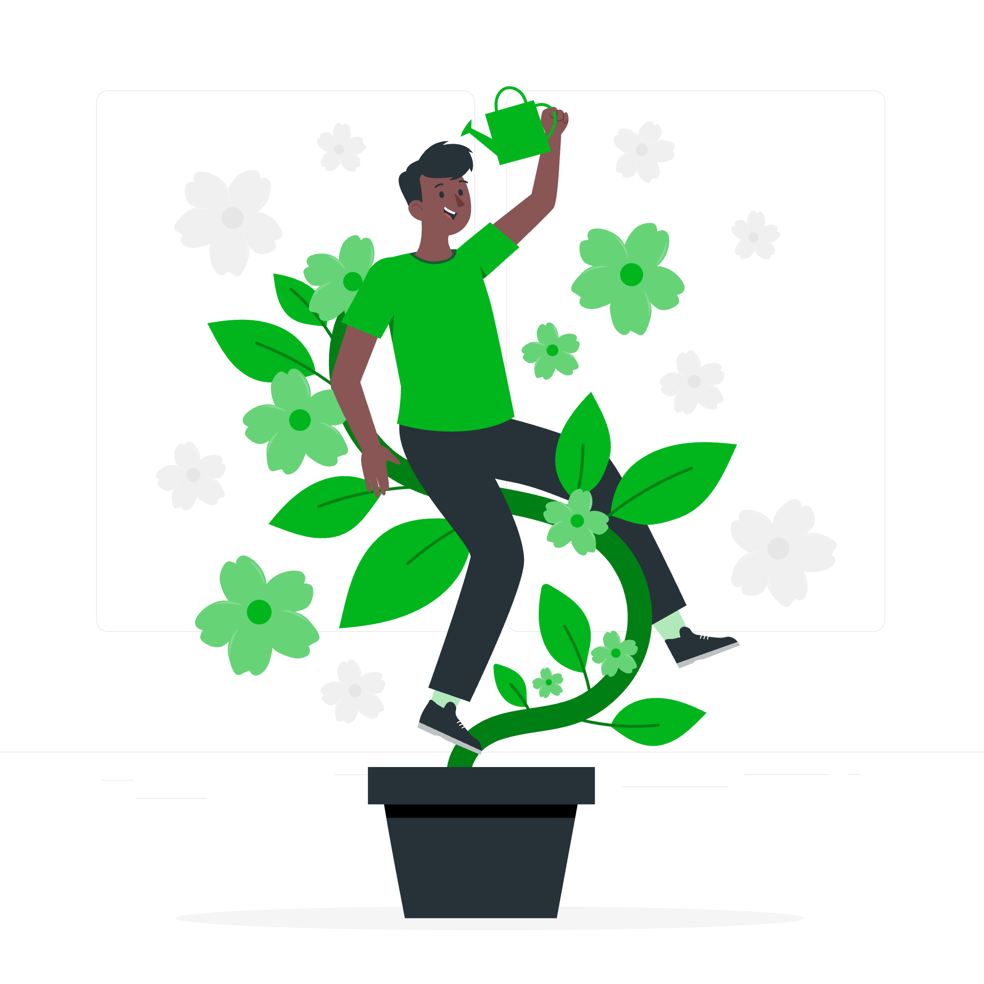 A person with dark hair wearing a green shirt and dark pants sitting on a large green plant with white and green flowers, holding a small green watering can, surrounded by greenery and flowers.