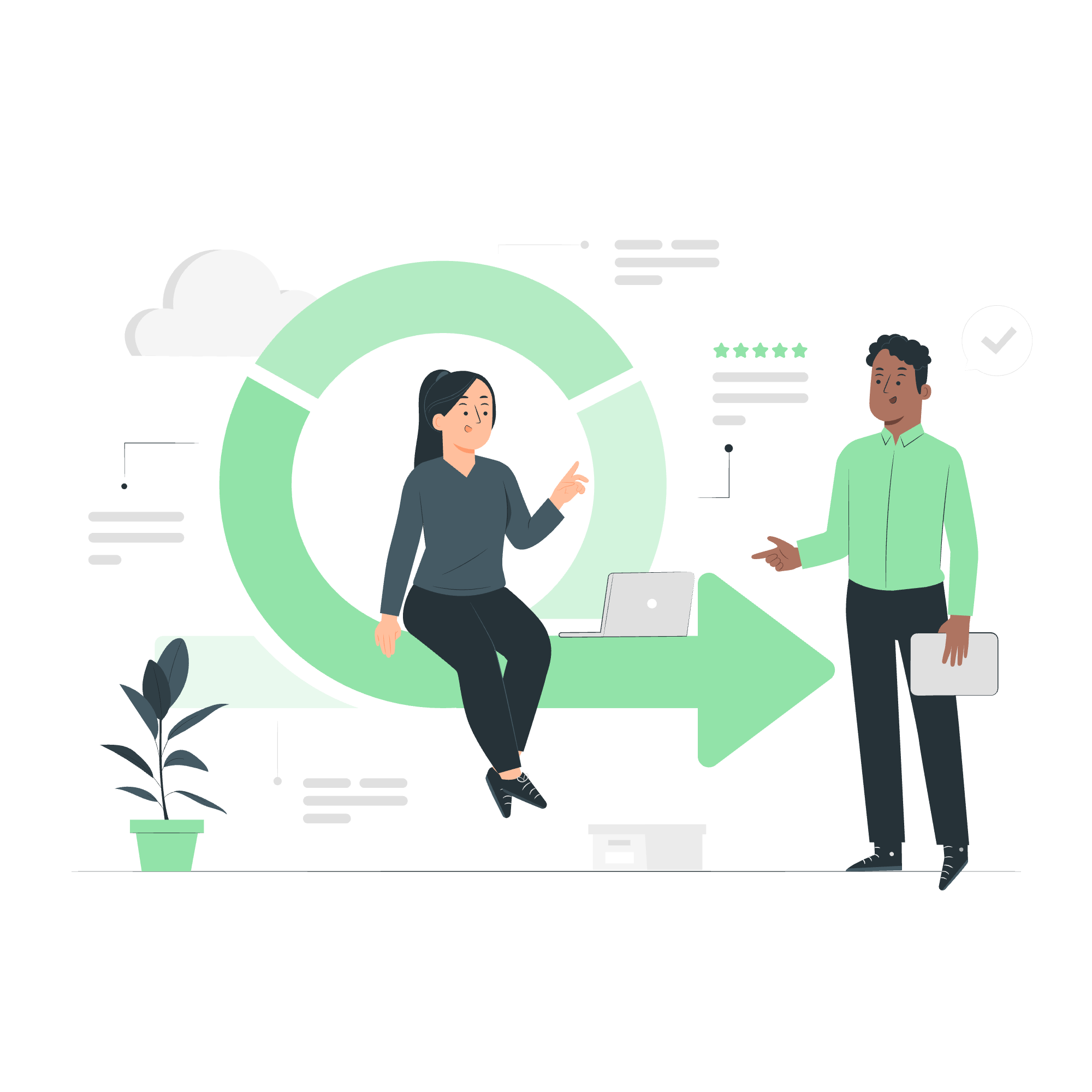 Illustration of a woman sitting on a large green arrow, speaking to a man standing nearby, with a laptop and documents, symbolizing a business or professional conversation.