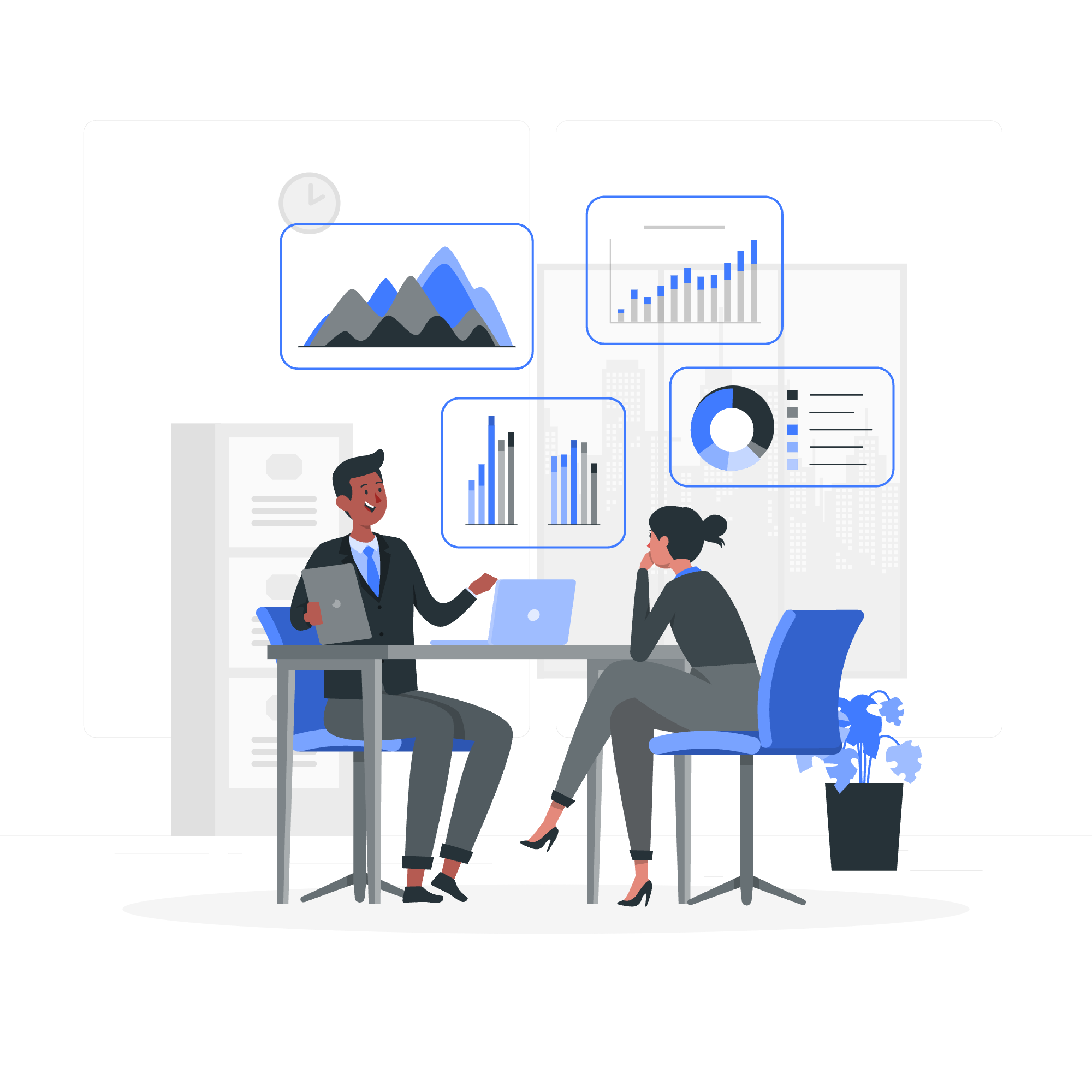 Two professionals discussing data analysis in an office setting, with charts and graphs displayed on a large screen behind them.