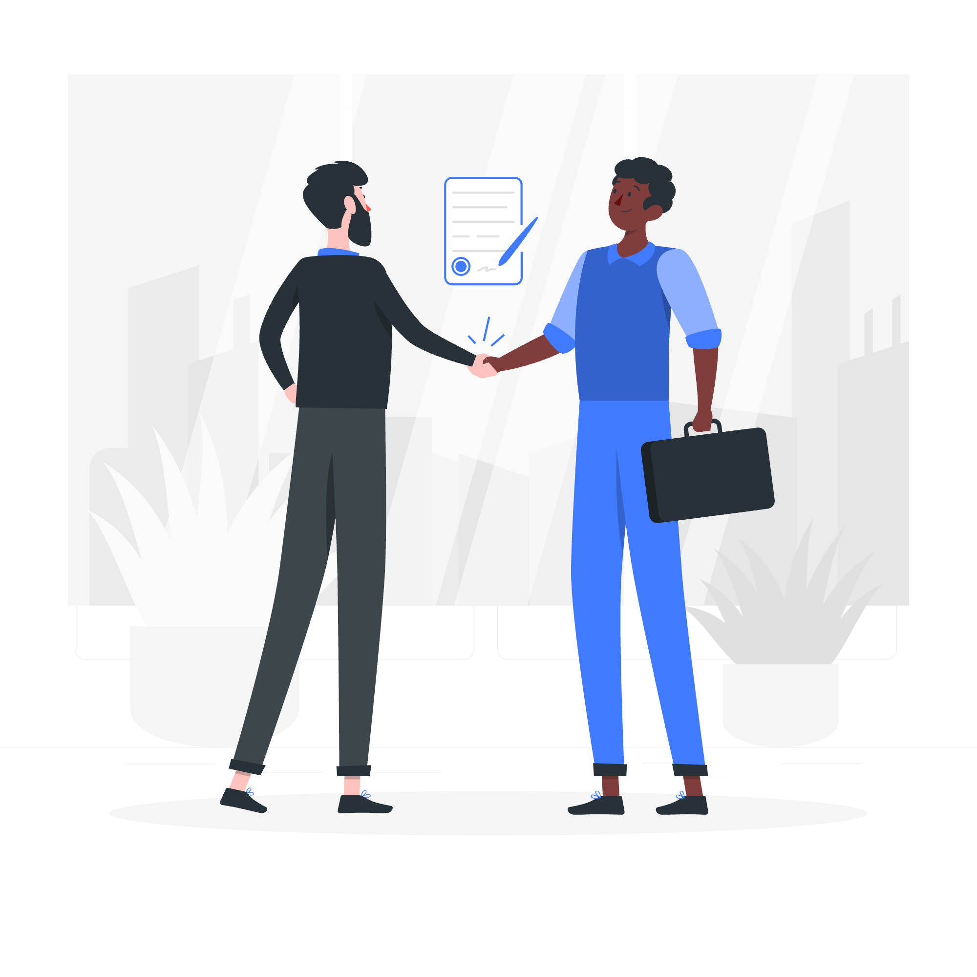 Two men shake hands in a professional setting, one with a briefcase, a certificate or document floating between them, and plants in the background.