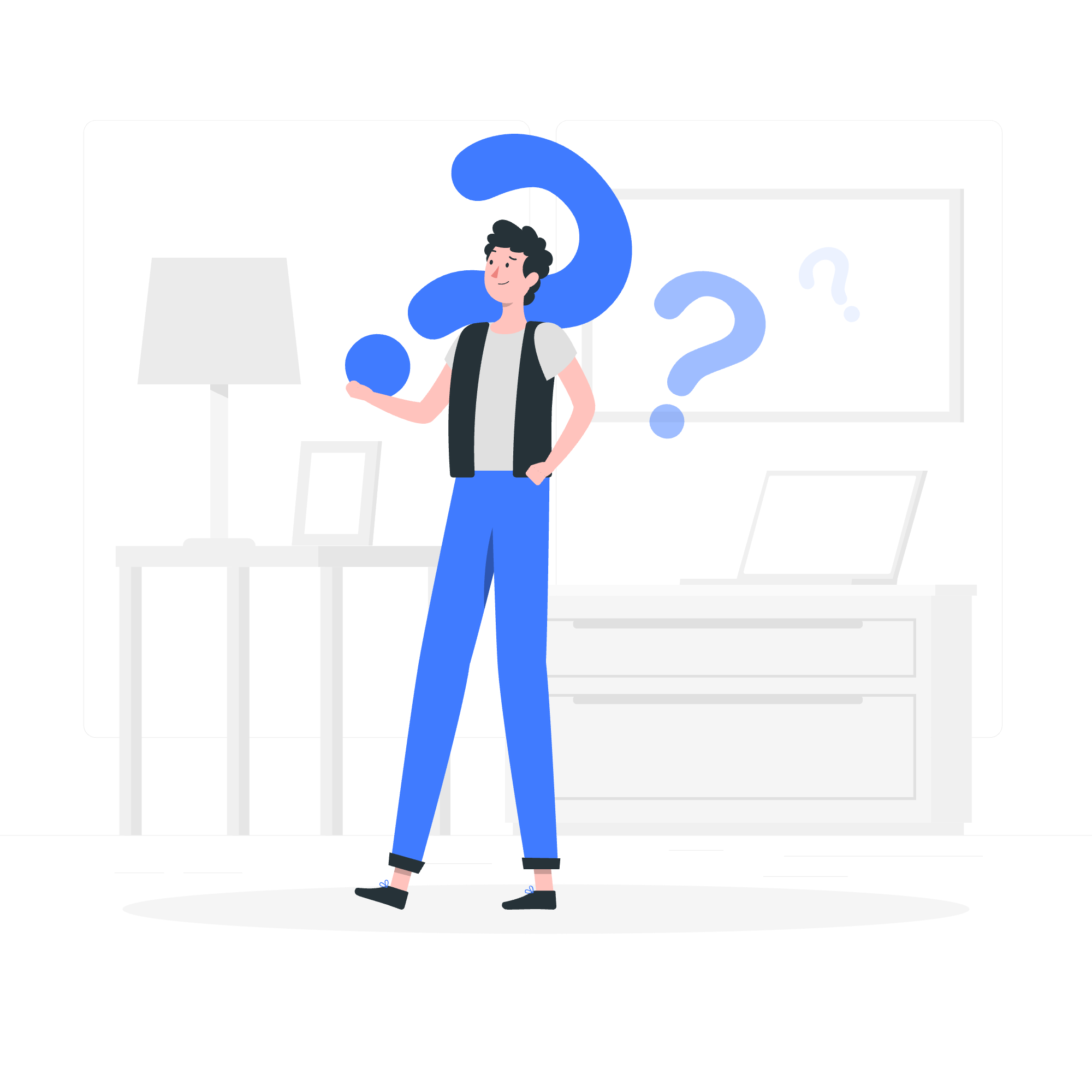 A person standing in a room with a large blue question mark above their head, holding a smaller blue ball, with a desk, a lamp, and a whiteboard with a question mark in the background.