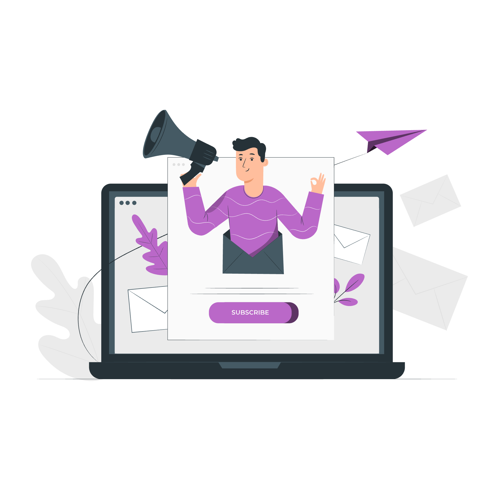 Illustration of a person in a purple shirt emerging from a laptop screen, holding a megaphone in one hand and making an OK gesture with the other, with email icons and a paper airplane in the background, emphasizing online communication and marketing.