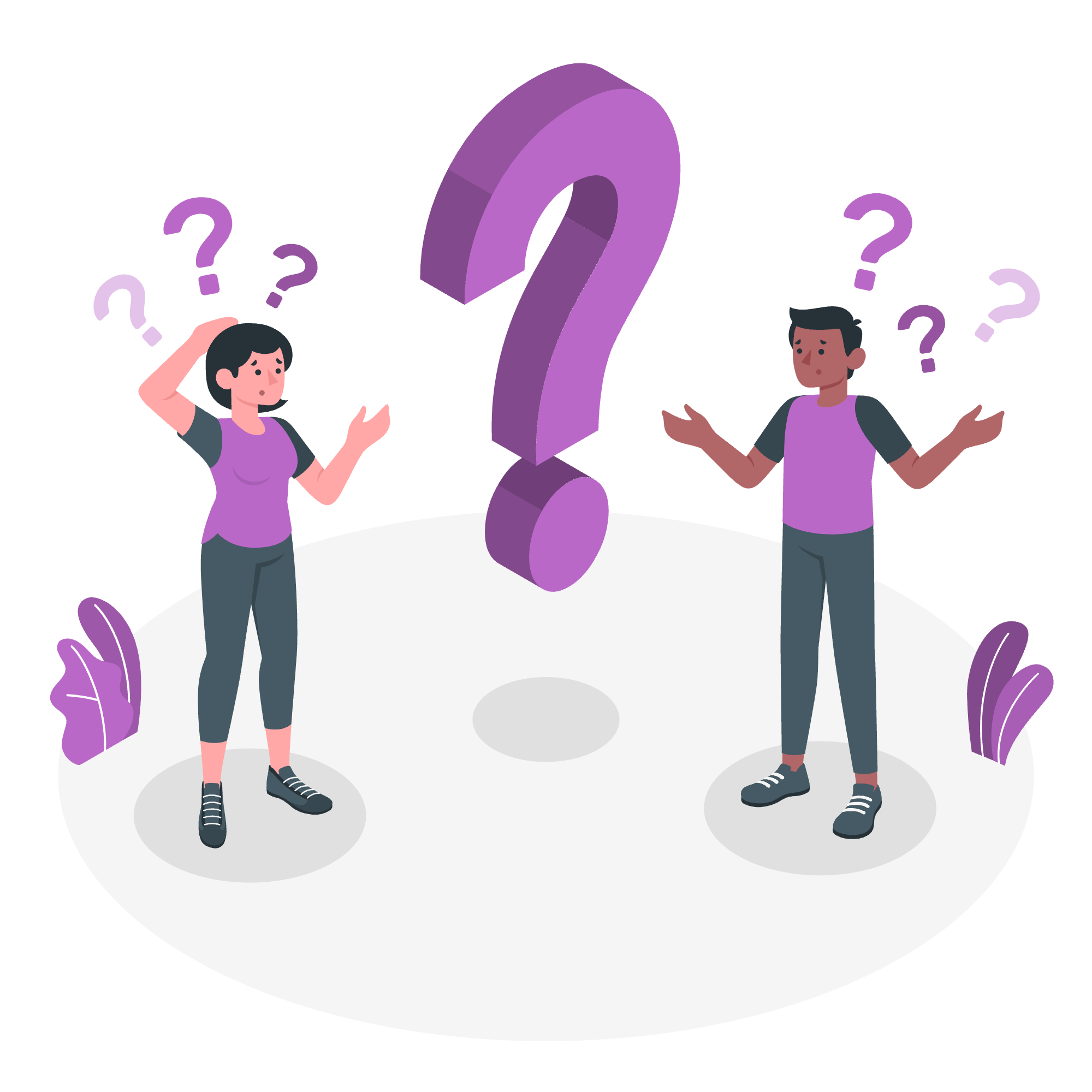 Illustration of a woman and a man standing apart, both with confused expressions and question marks above their heads, with a large purple question mark between them.