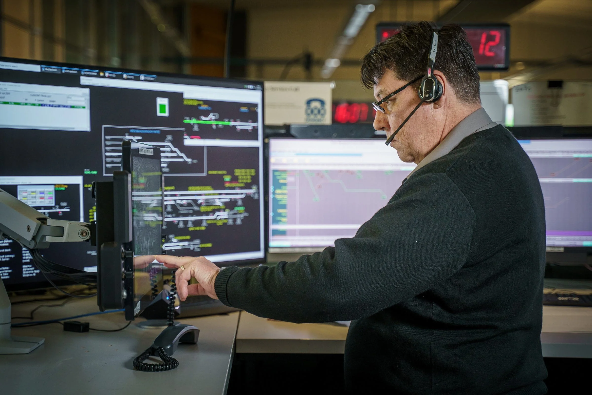 ARTC control room workstation photographed during rail network operations in Newcastle.