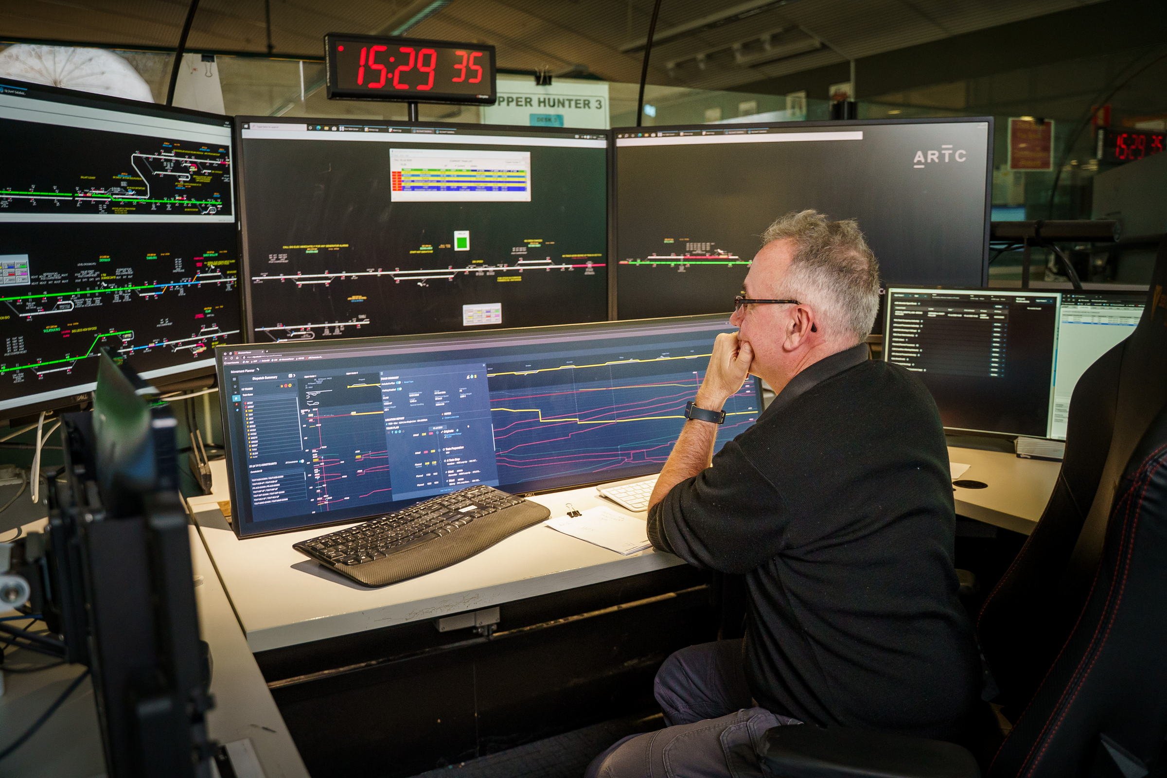 ARTC rail control room operator photographed monitoring network systems during operations.