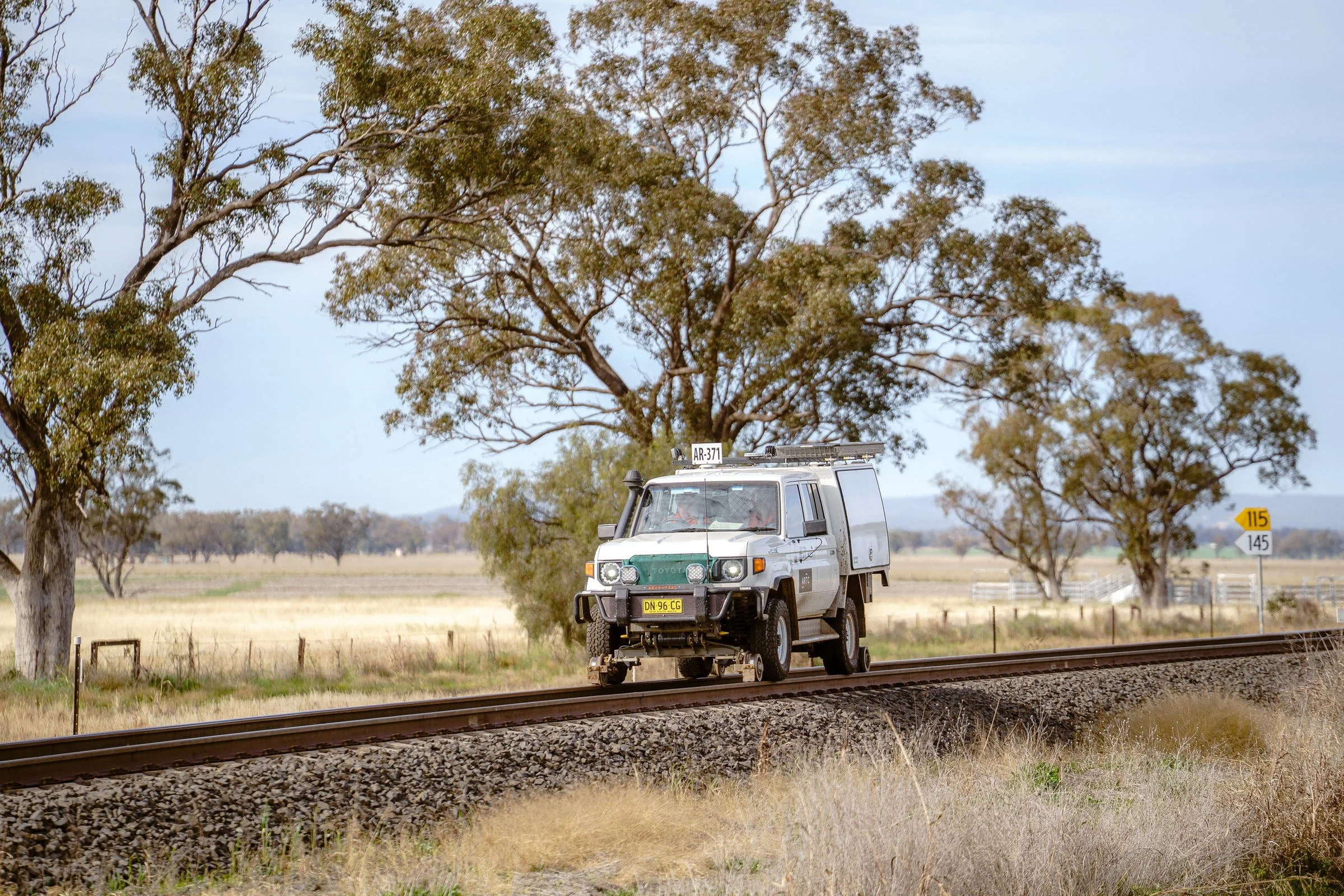 ARTC rail operations vehicle photographed beside the rail corridor during a regional infrastructure shoot.