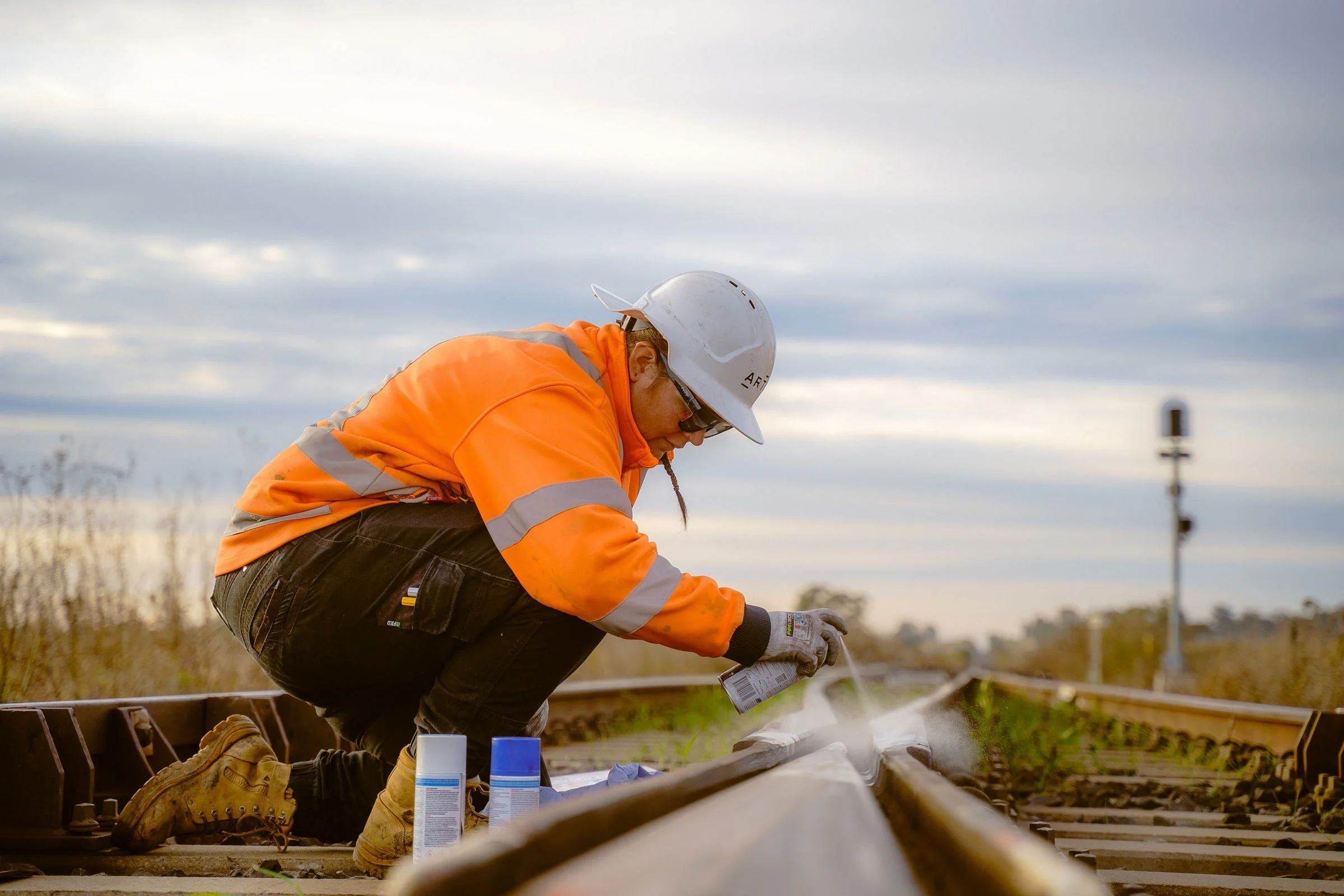 ARTC rail worker photographed during track maintenance operations in Gunnedah, NSW.