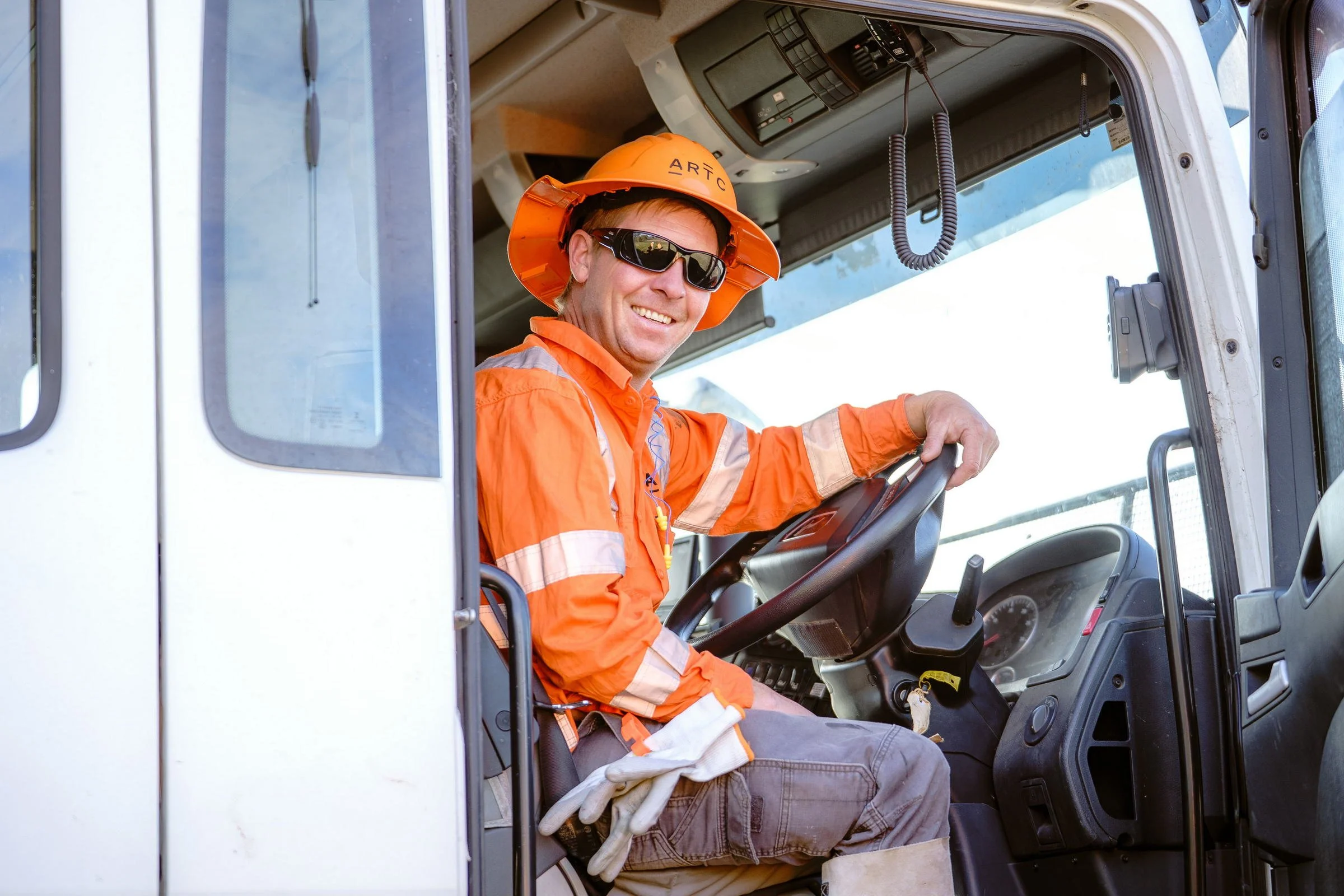 ARTC rail worker photographed inside a rail maintenance vehicle during operations in Gunnedah.