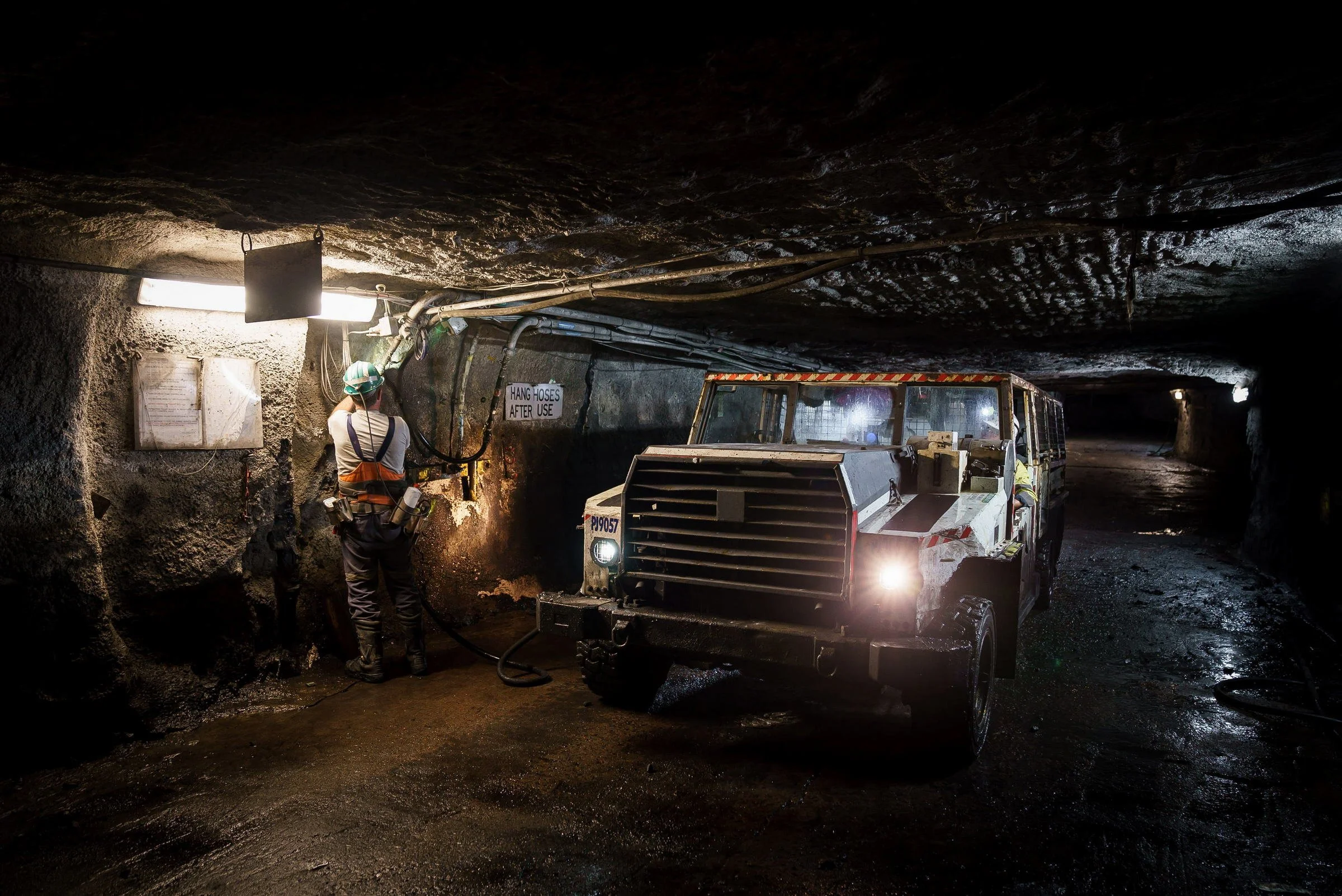 Underground mine vehicle travelling through a roadway at Myuna Mine in NSW.