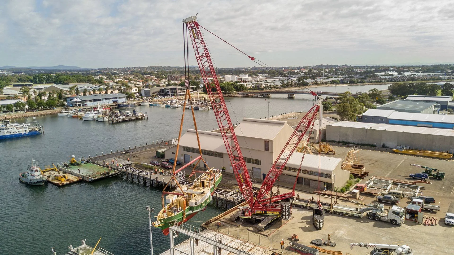 Large crane and marine infrastructure project photographed from above in Newcastle NSW