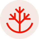 Roter Baum und lächelndes Gesicht Symbol, runde Form, abstraktes Design.