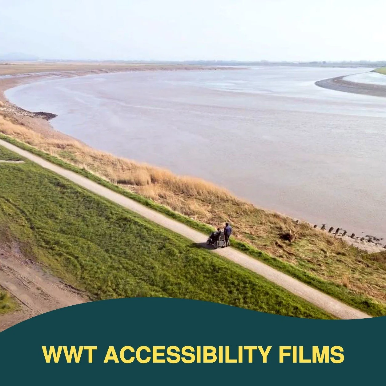 Aerial view of WWT Steart Marshes with a wheelchair user and companion on an accessible path, labelled WWT Accessibility Films.