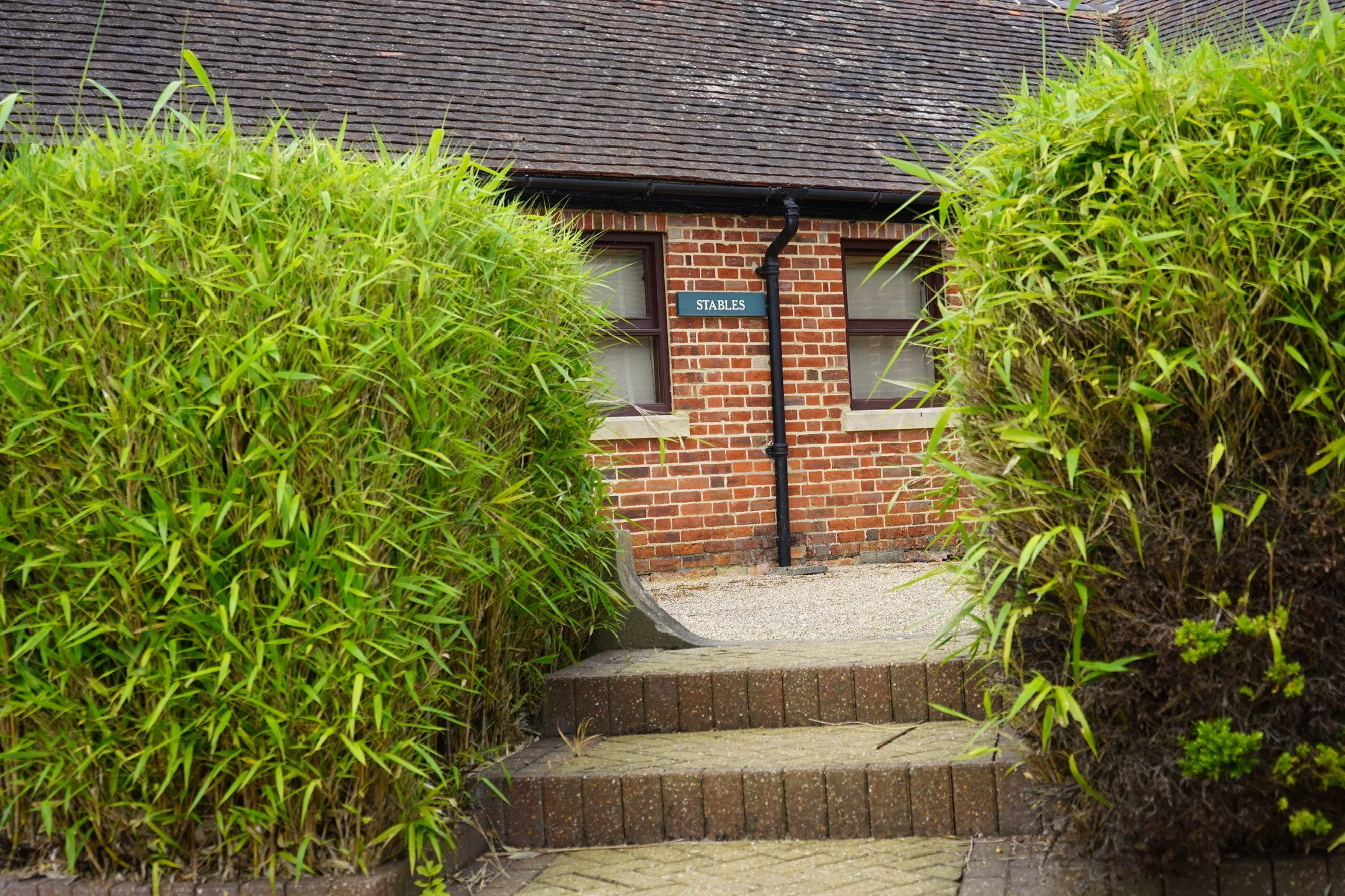 Pathway leading to brick building with "Stables" sign, flanked by green hedges.