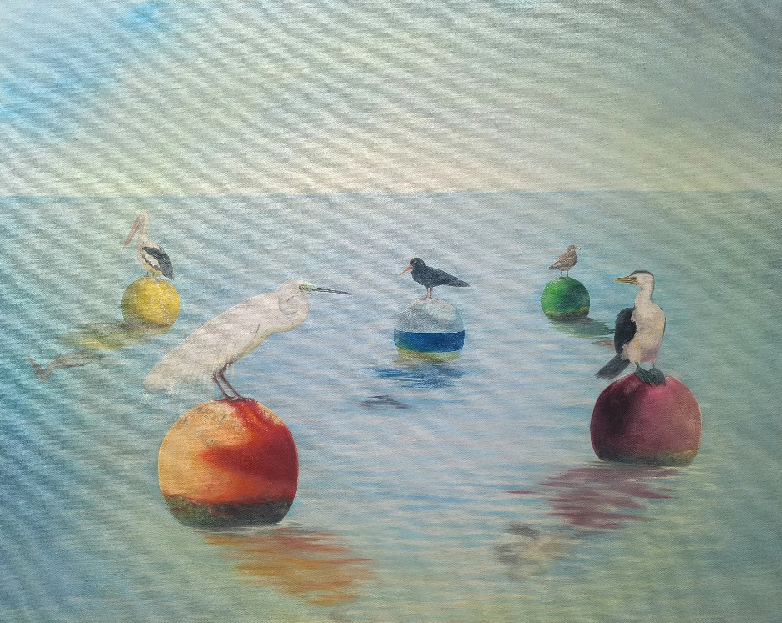  Birds on Buoys , 2026, oil on canvas