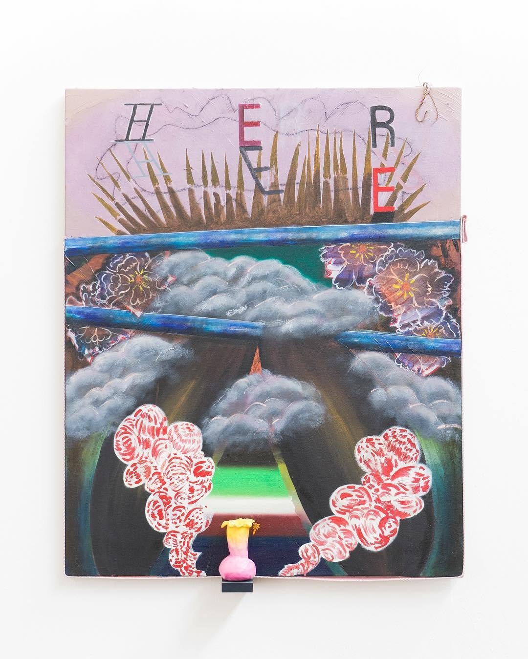  I Take Off My Fluffy Slippers Crusted With Pavlova and Cream and Lay Down , 2017, VCA Grad Show, oil and acrylic on canvas and ceramic vase