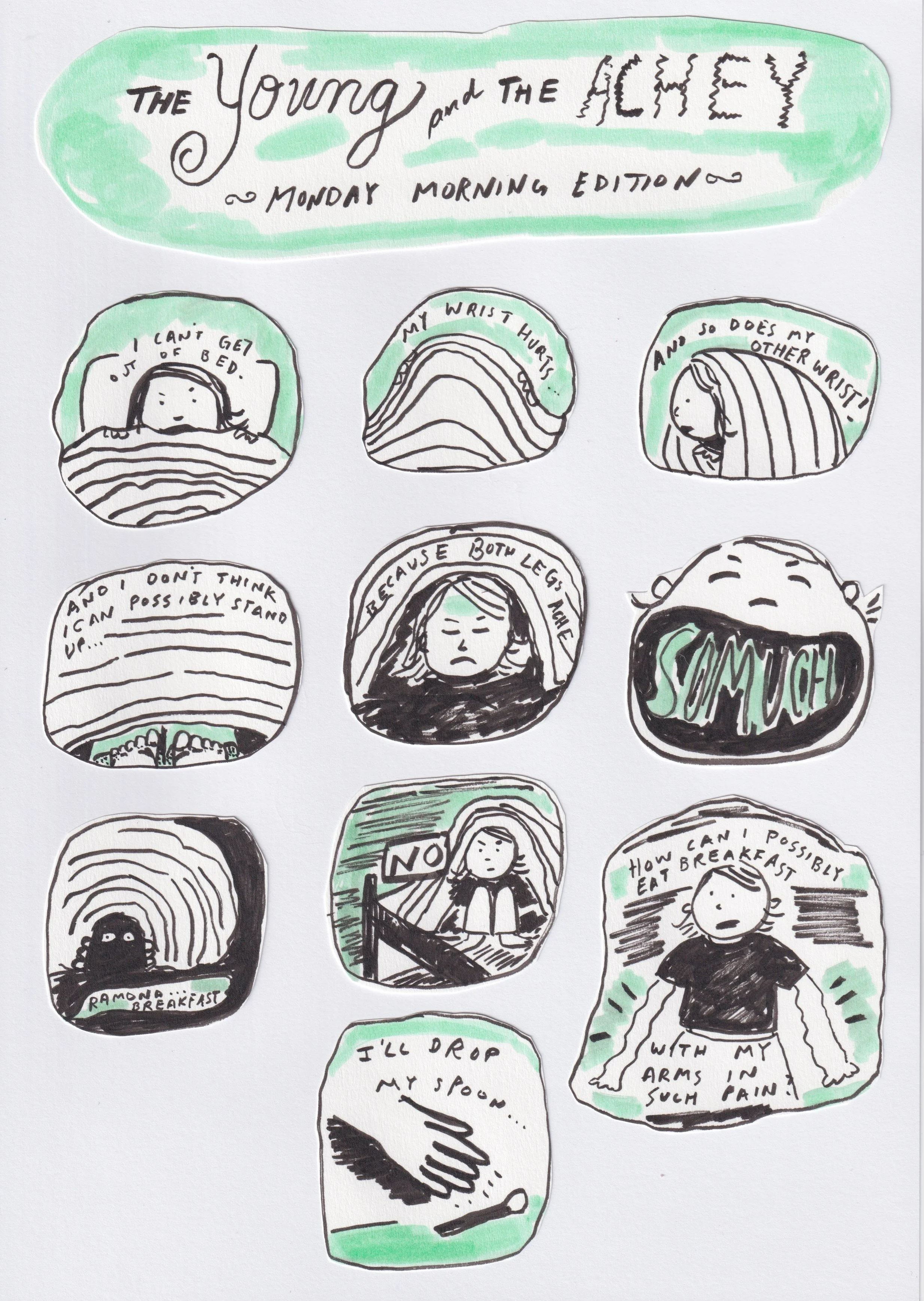 "The Young and the Achey" comic from Kid Brain (with color from the original sketch) 