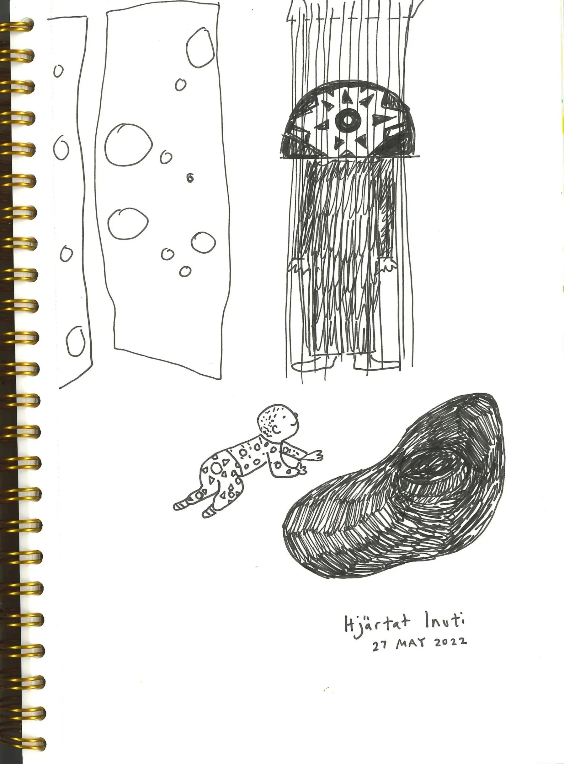 Original sketch which was then reprinted in Ledighet. This is a drawing from memory of a baby experimental opera performance at the Kulturhuset in Stockholm. It was called "Hjärtat inuti" meaning "the heart inside" in English. Photography was not all