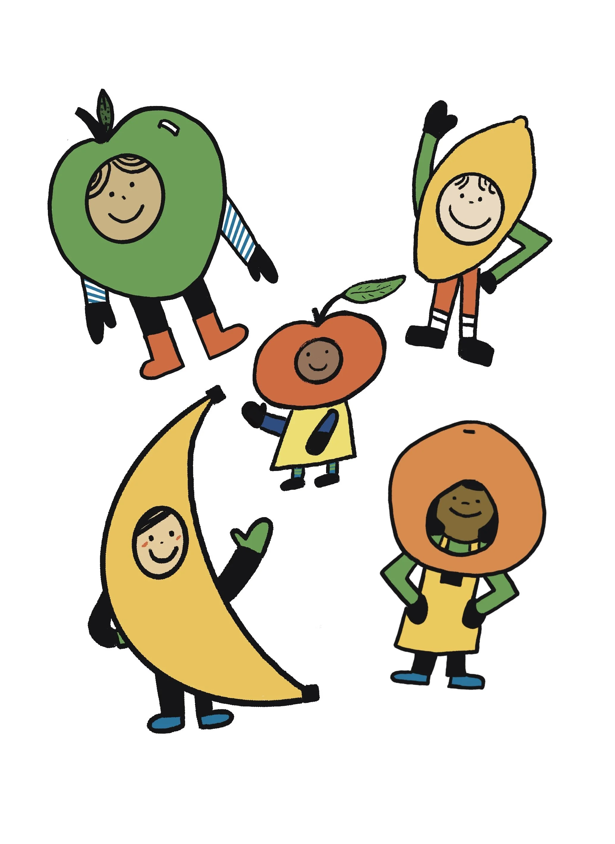digital drawing of children dressed like fruits