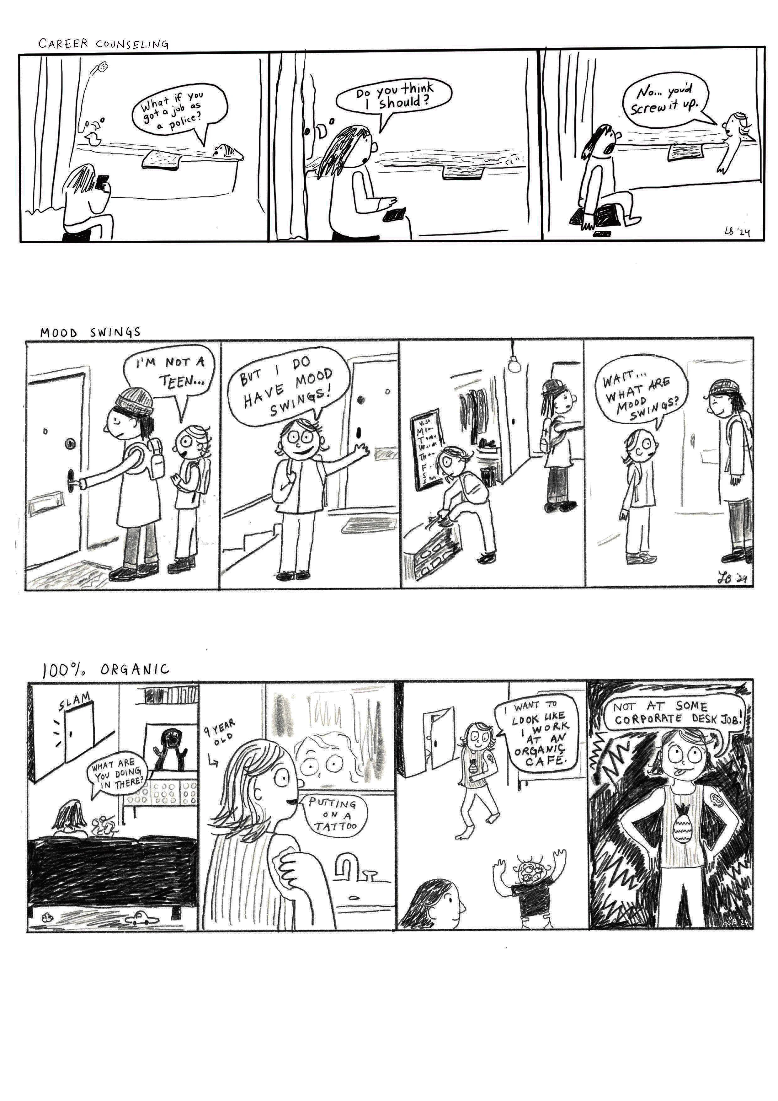 A page layout with three comic strips from Kid Brain 