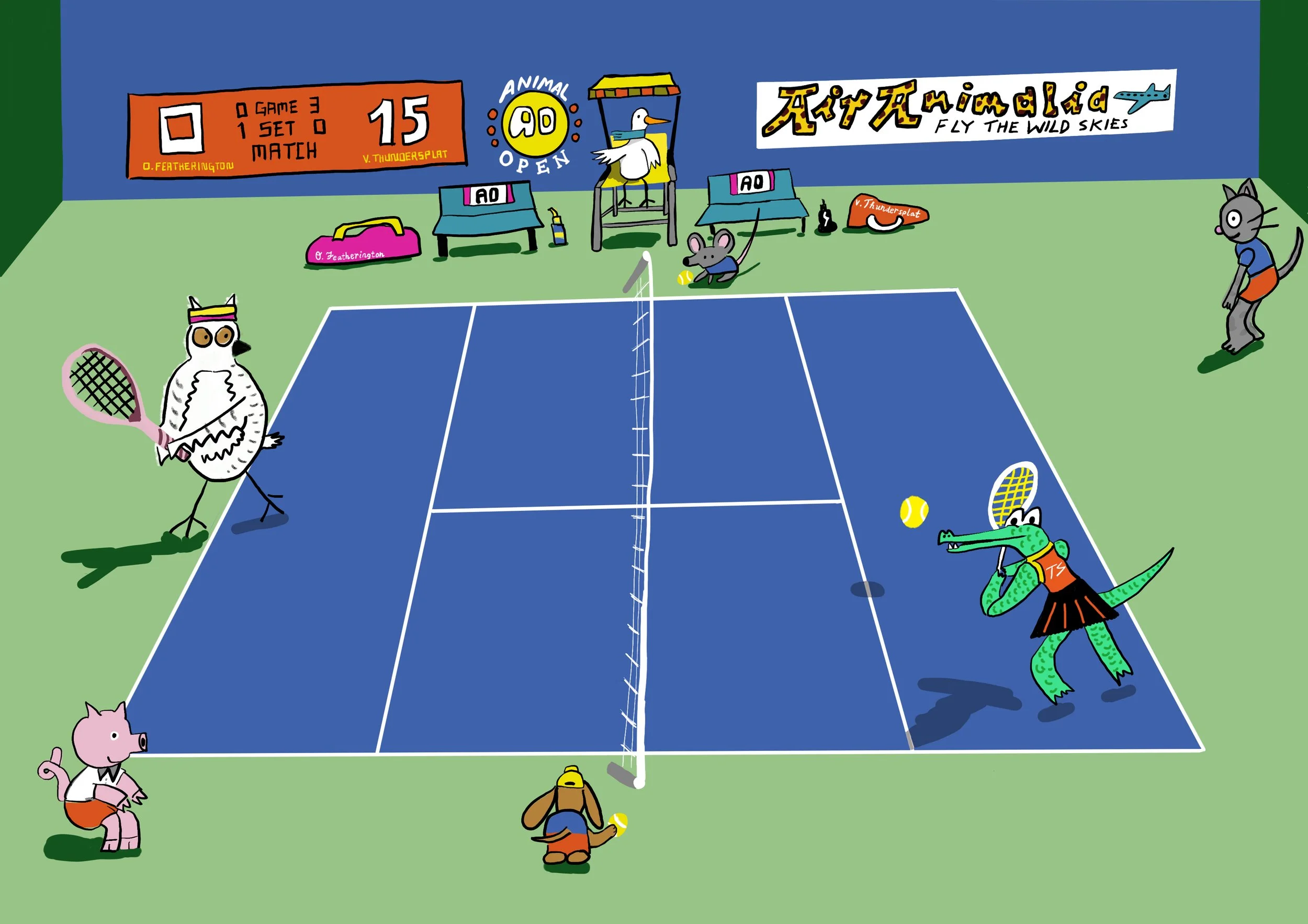digital drawing of animals playing tennis