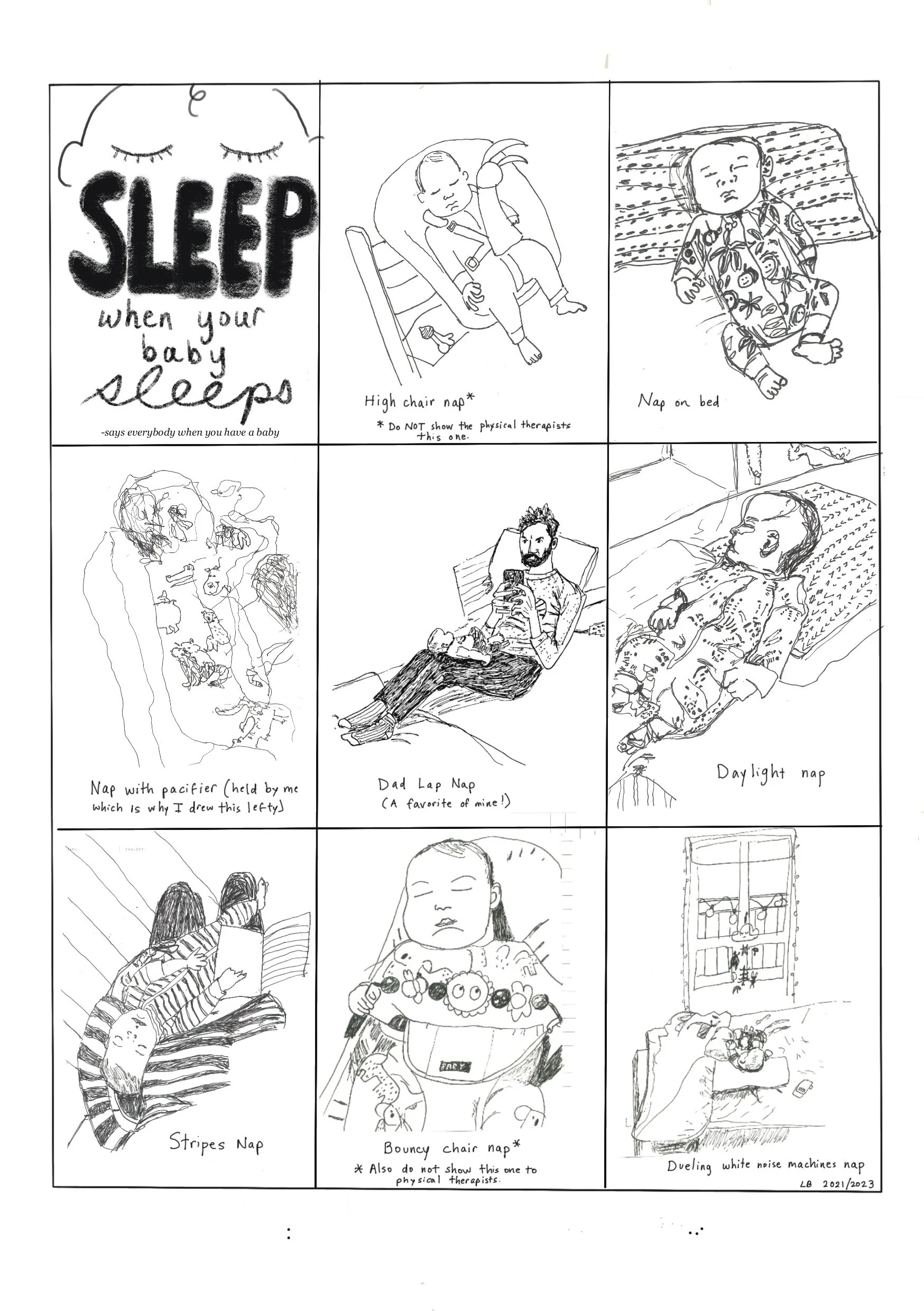 "Sleep when your baby sleeps" comic from Ledighet. This is a collection of drawings I made while my infant slept because I did not want to sleep. I wanted to DRAW! 