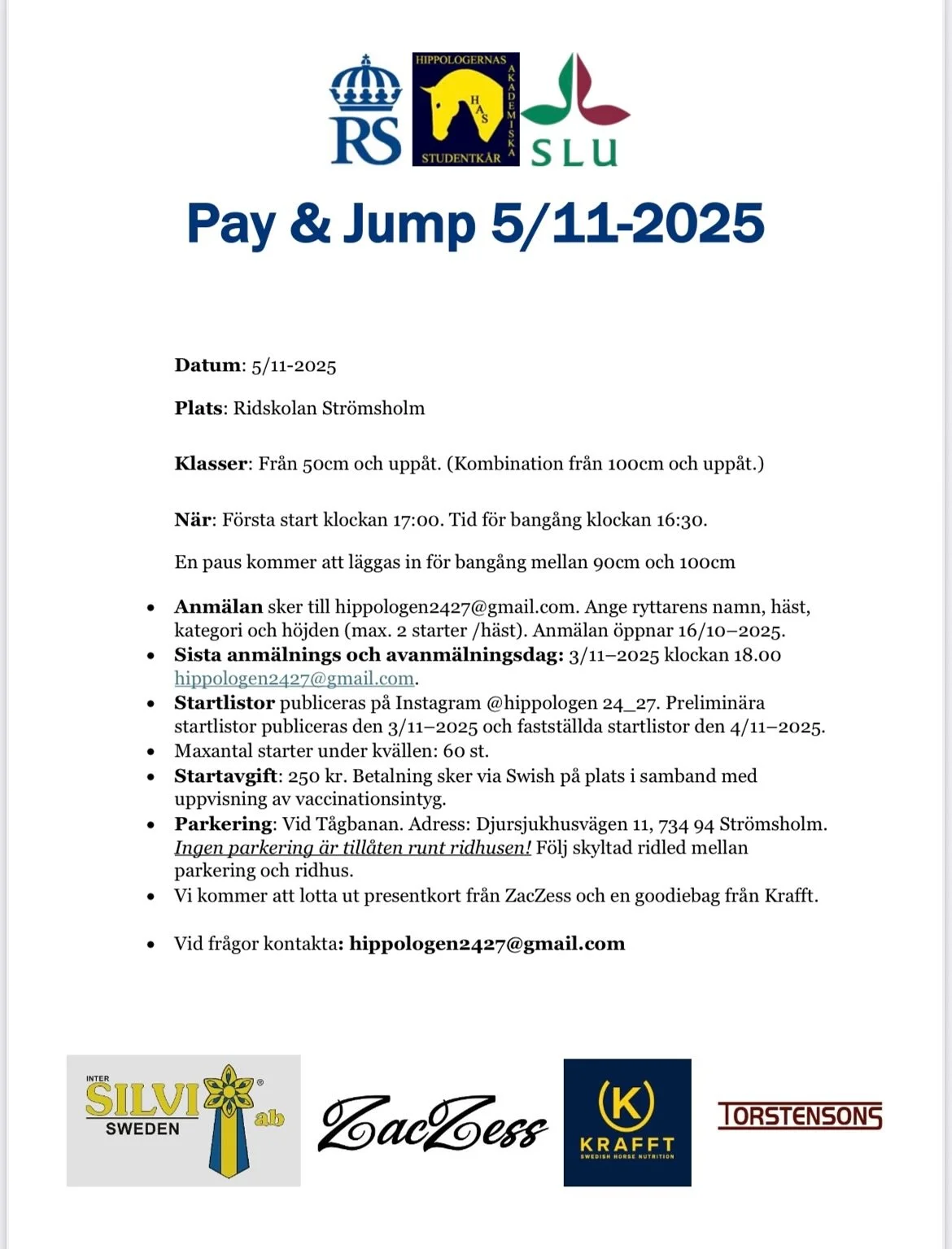 V&auml;lkomna med er anm&auml;lan till Pay &amp; Jump den 5/11 i R&ouml;da Ridhuset 🐴 H&ouml;jder fr&aring;n 50 cm, fina utlottningar fr&aring;n v&aring;ra sponsorer och en massa fika! 🤩
