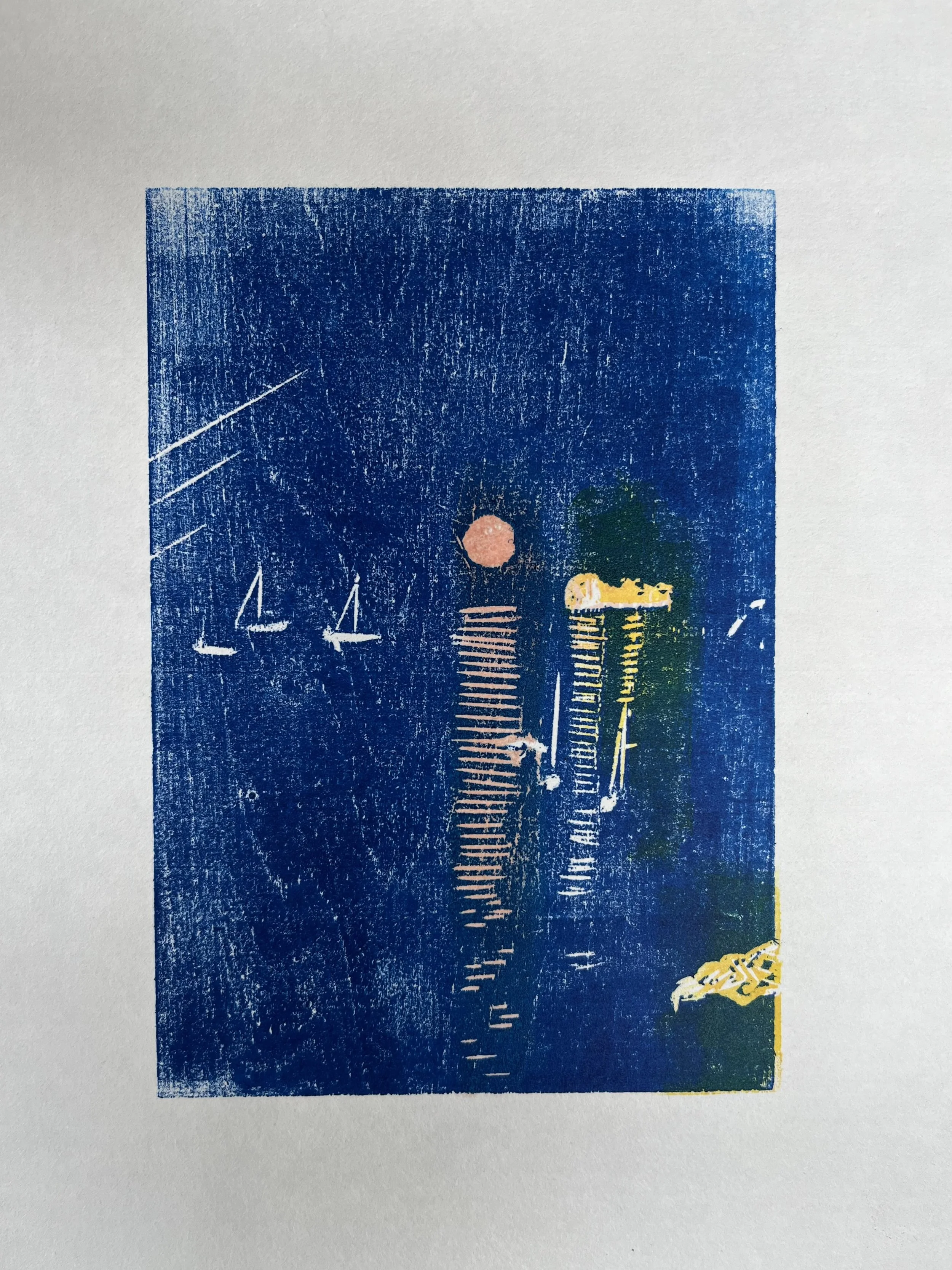 Sturgeon Moon 
Three-colour reduction woodcut on Ho Sho paper 
2025 
Image size: 16 x 11 cm 
Paper size: 28 x 20 cm 
Unique 
£ 125