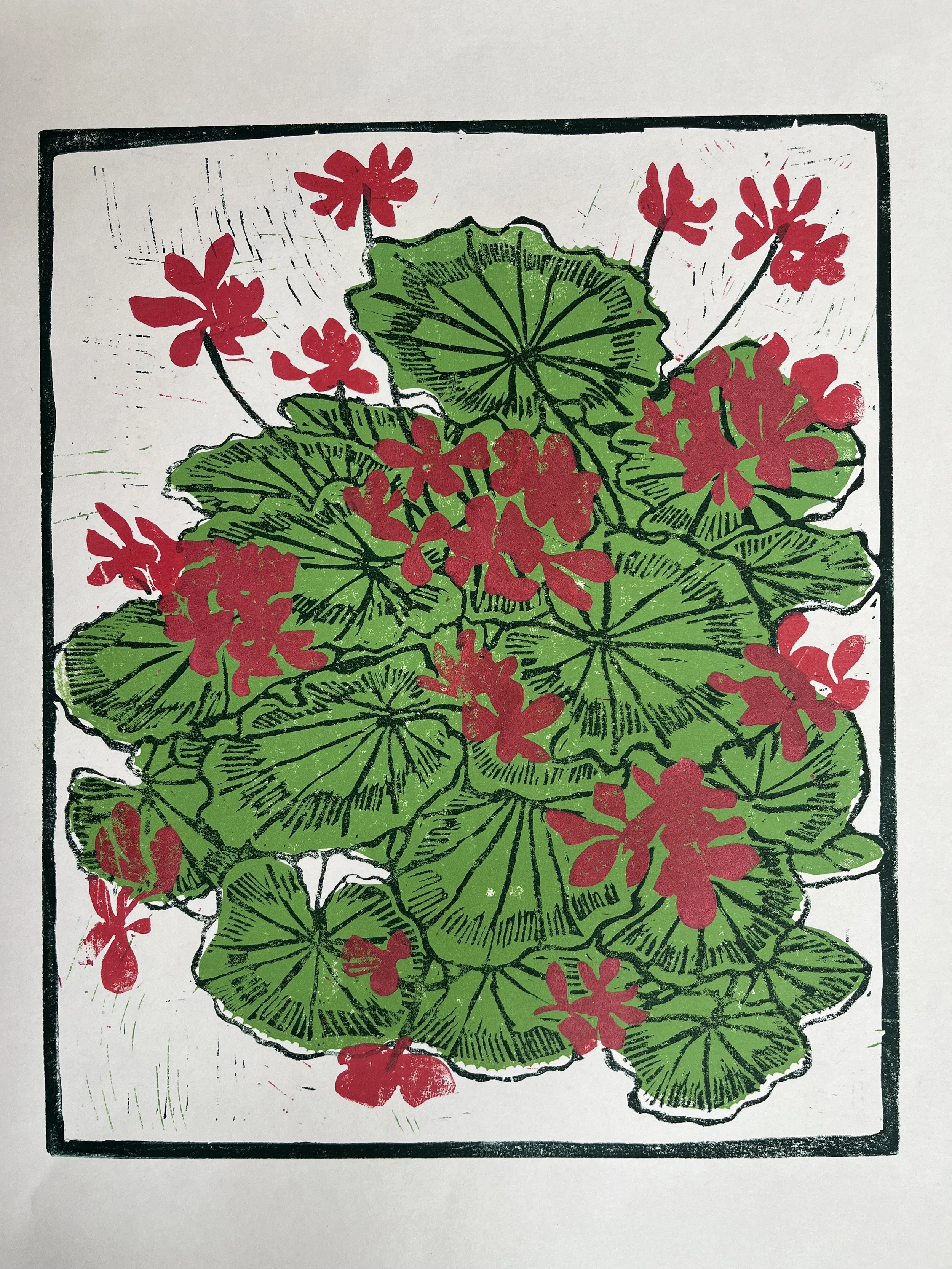 Geranium  
Three-block linocut print 
2025 
Print size: 30 x 25 cm 
Variable edition of 5 
£ 125
