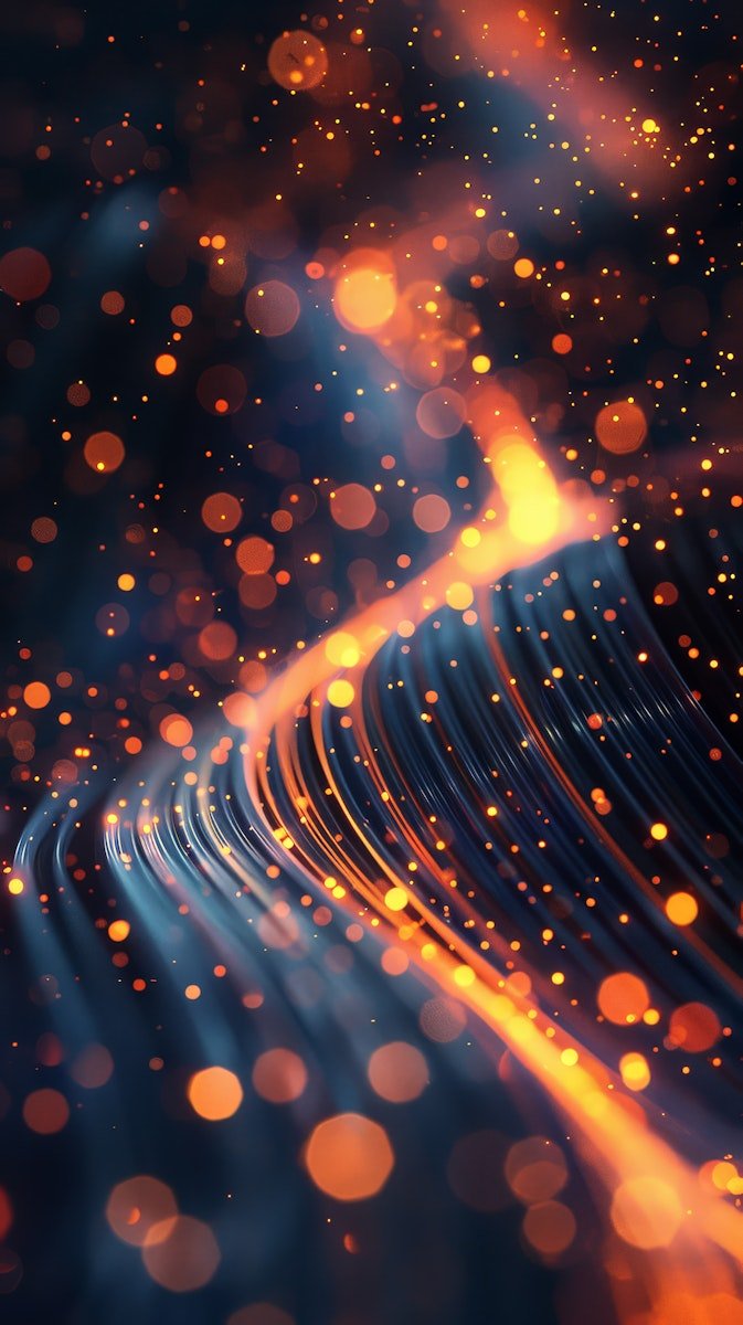Abstract digital artwork depicting glowing orange and blue light streaks and particles