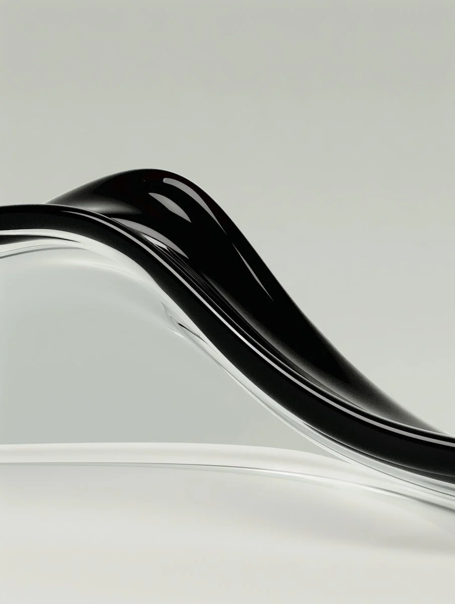 Close-up of a sleek, black and clear glass object with smooth curves, possibly a modern vase or decorative art piece, on a neutral background.