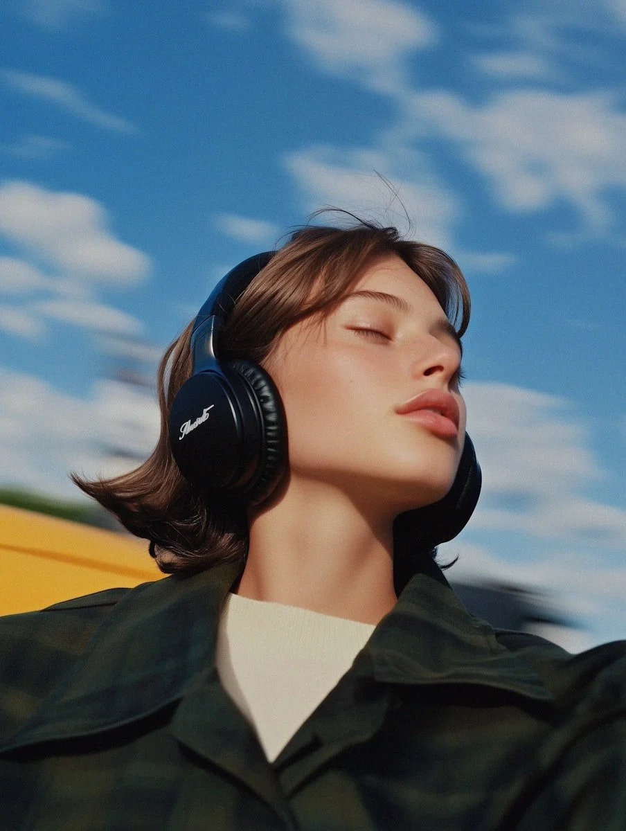 A young woman closed her eyes and is enjoying music from headphones outdoors with a blue sky and scattered clouds in the background.