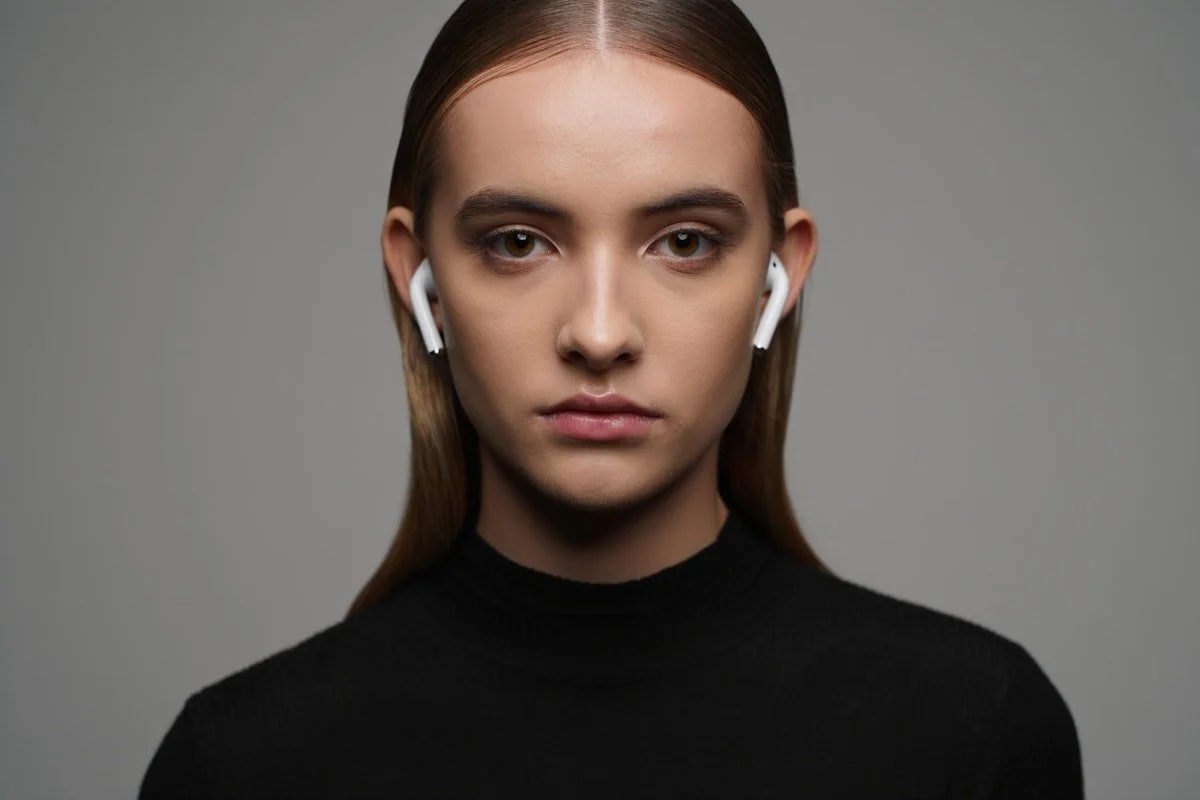A young woman with long brown hair wearing black turtleneck and wireless earbuds facing camera against gray background.